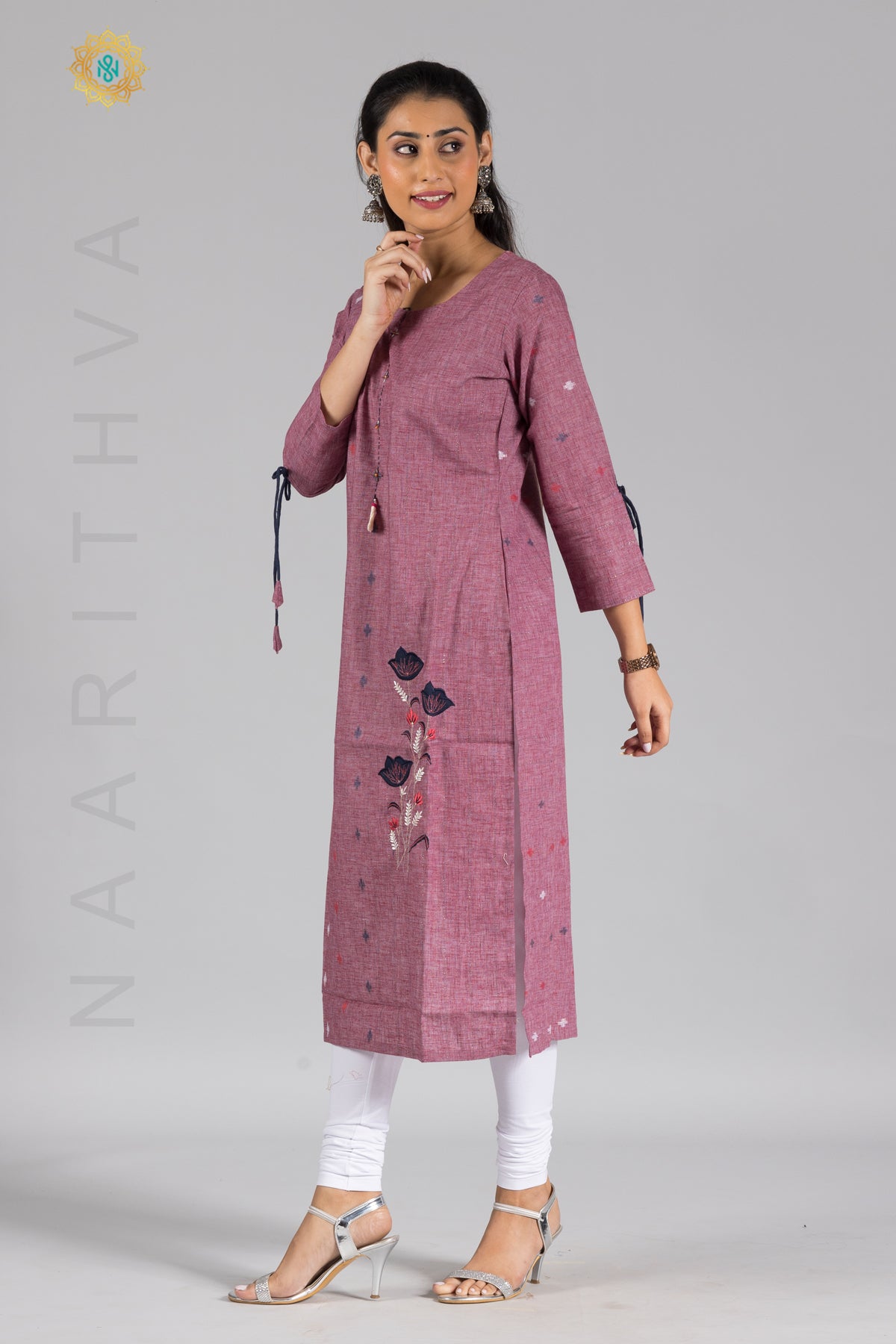 PURPLE - COTTON STRAIGHT CUT CASUAL KURTI WITH THREAD EMBROIDERY