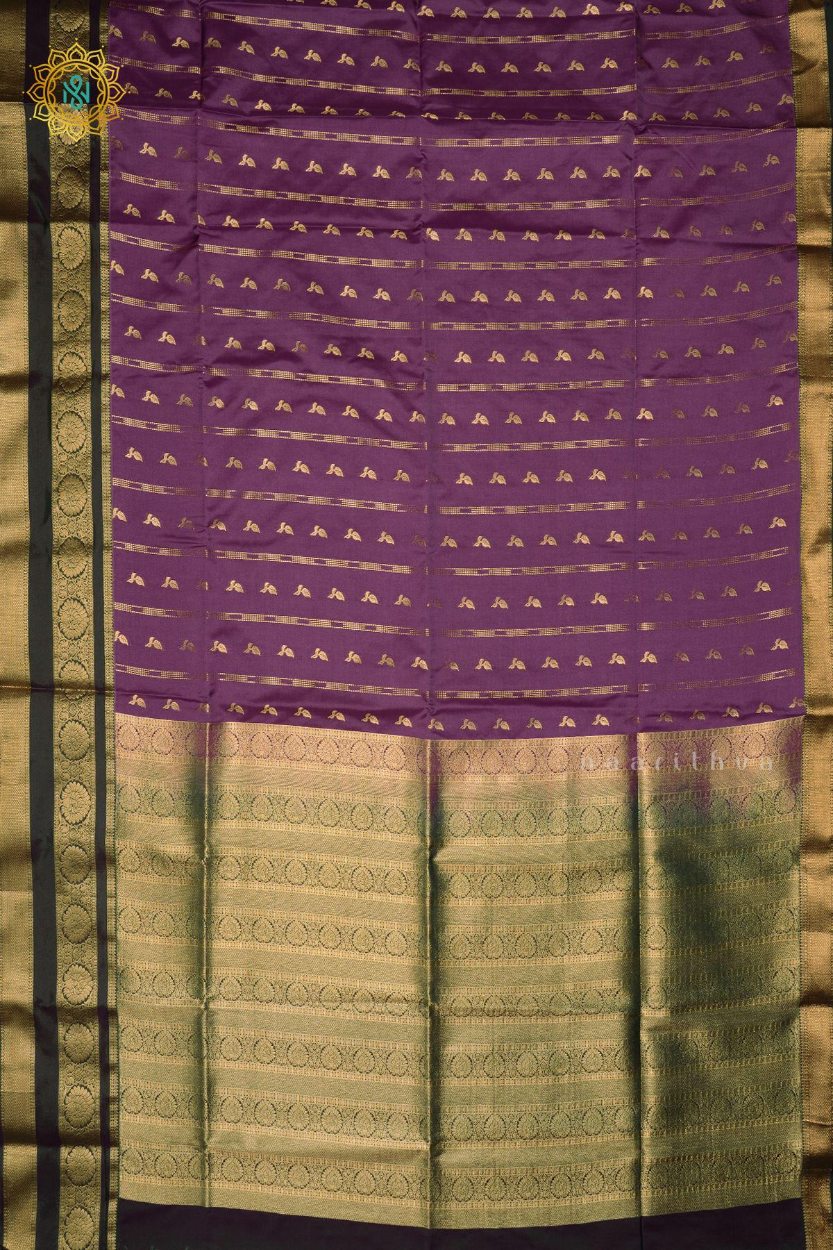 PURPLE WITH DUAL SHADE OF GREEN - SEMI KANCHI SAREE ALLOVER ZARI BUTTAS AND CONTRAST GAP BORDER