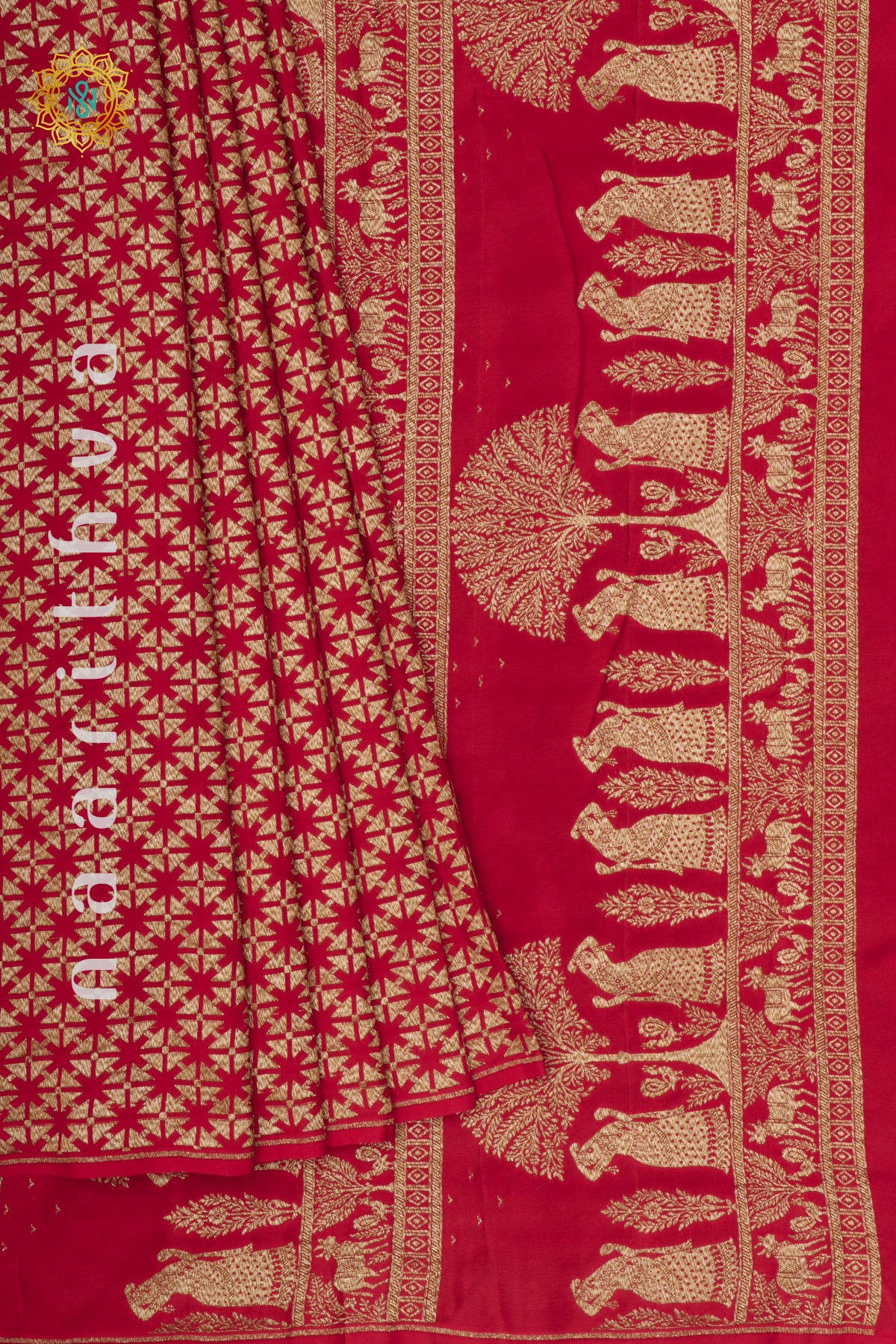 RED WITH GREEN - PURE BANARASI CREPE SILK