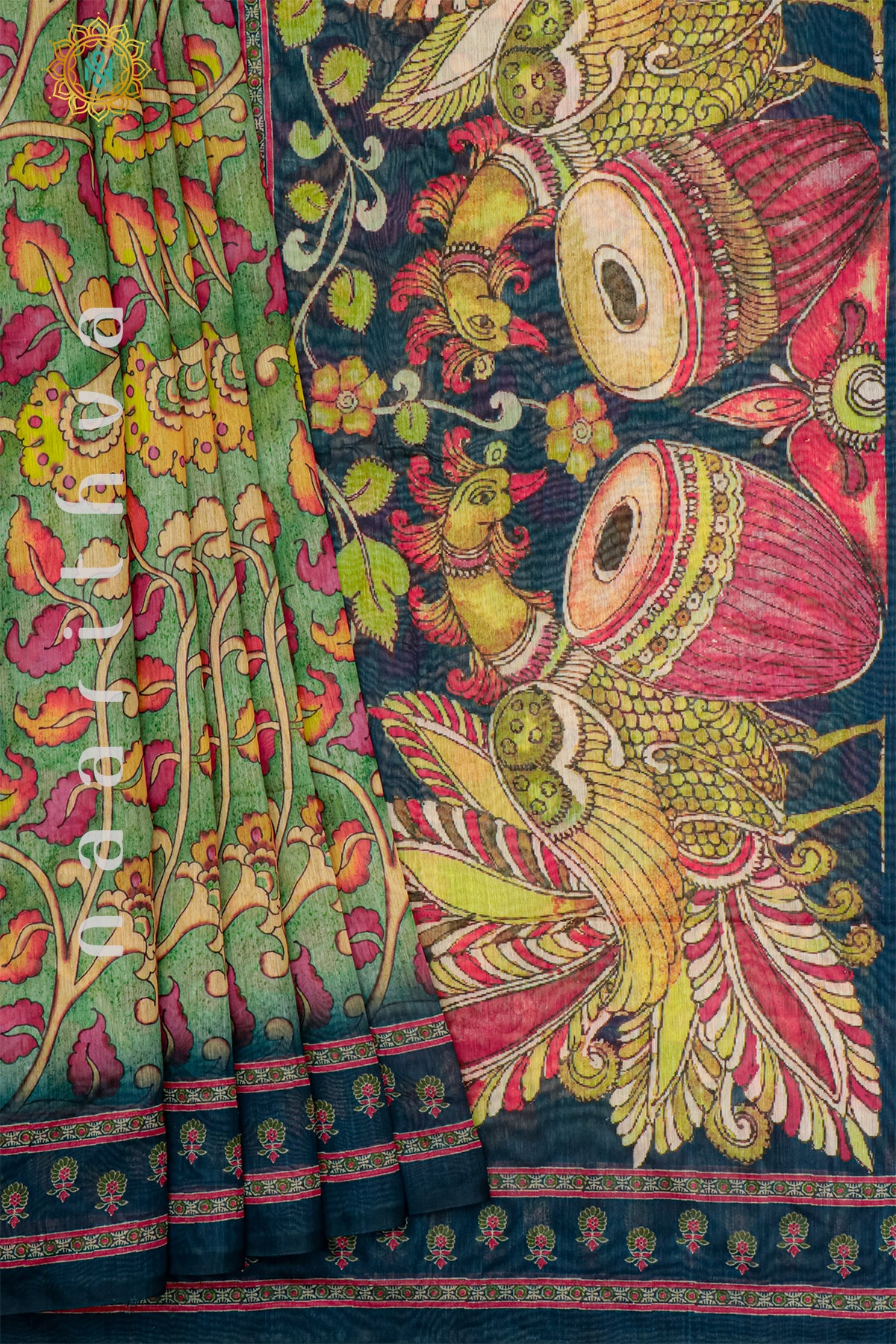 GREEN WITH PEACOCK GREEN - CHANDERI SILK COTTON