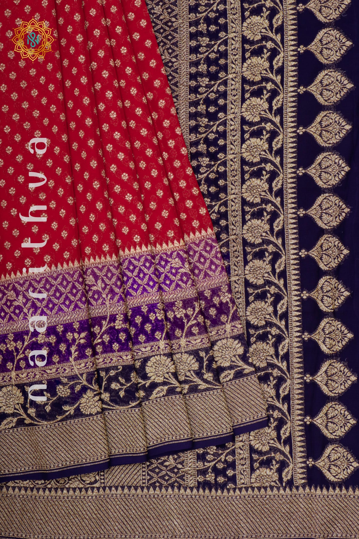 RED WITH PURPLE & NAVY BLUE - PURE HANDLOOM KHADDI GEORGETTE BANARAS