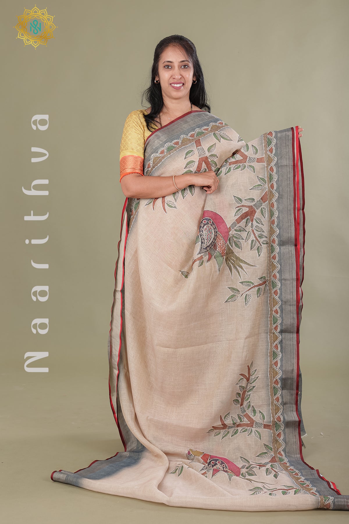 BEIGE WITH GREY - LINEN TISSUE WITH EMBROIDERY
