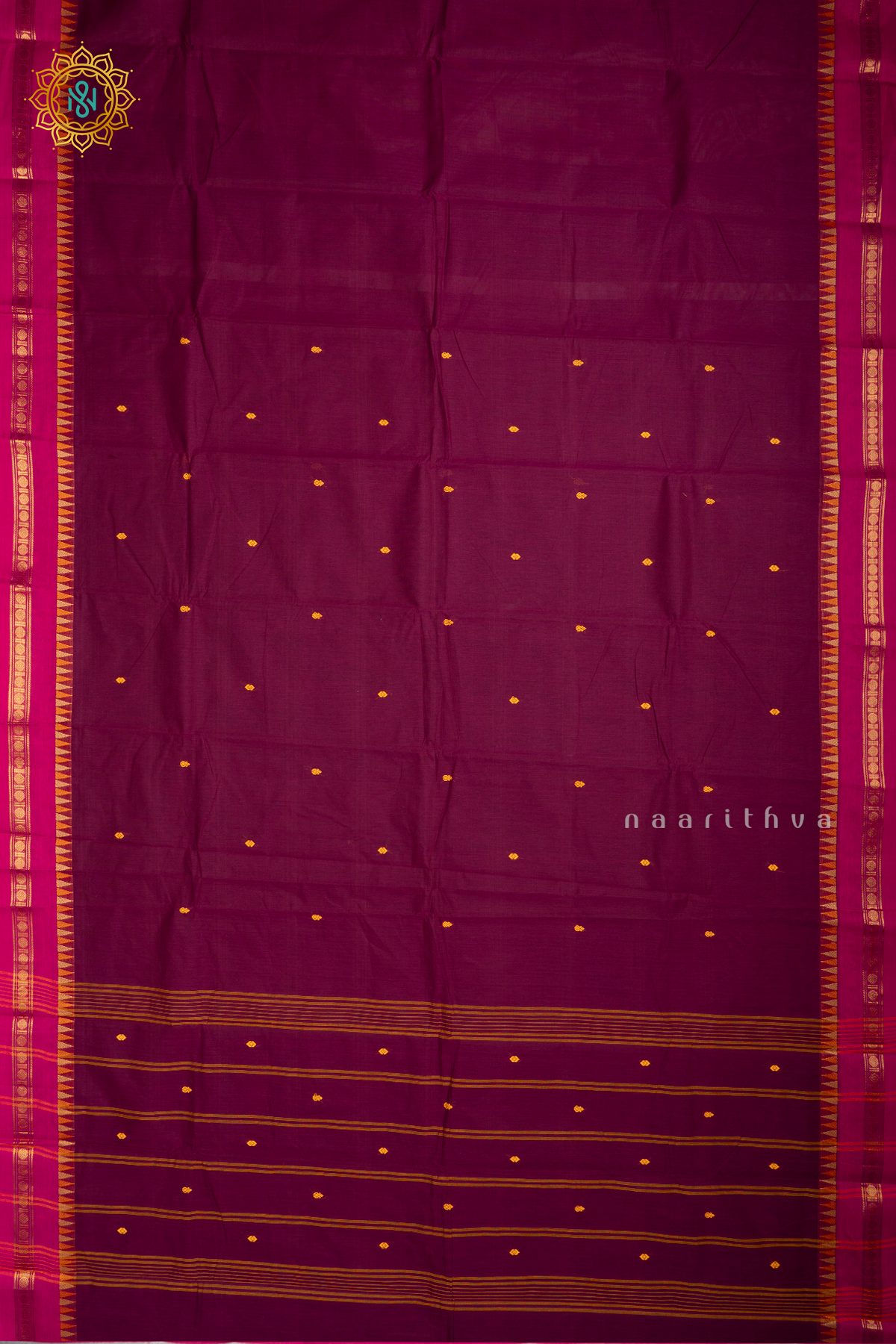 Wine With Pink Chettinad Cotton Saree With Thread Woven Buttas & Contrast Border