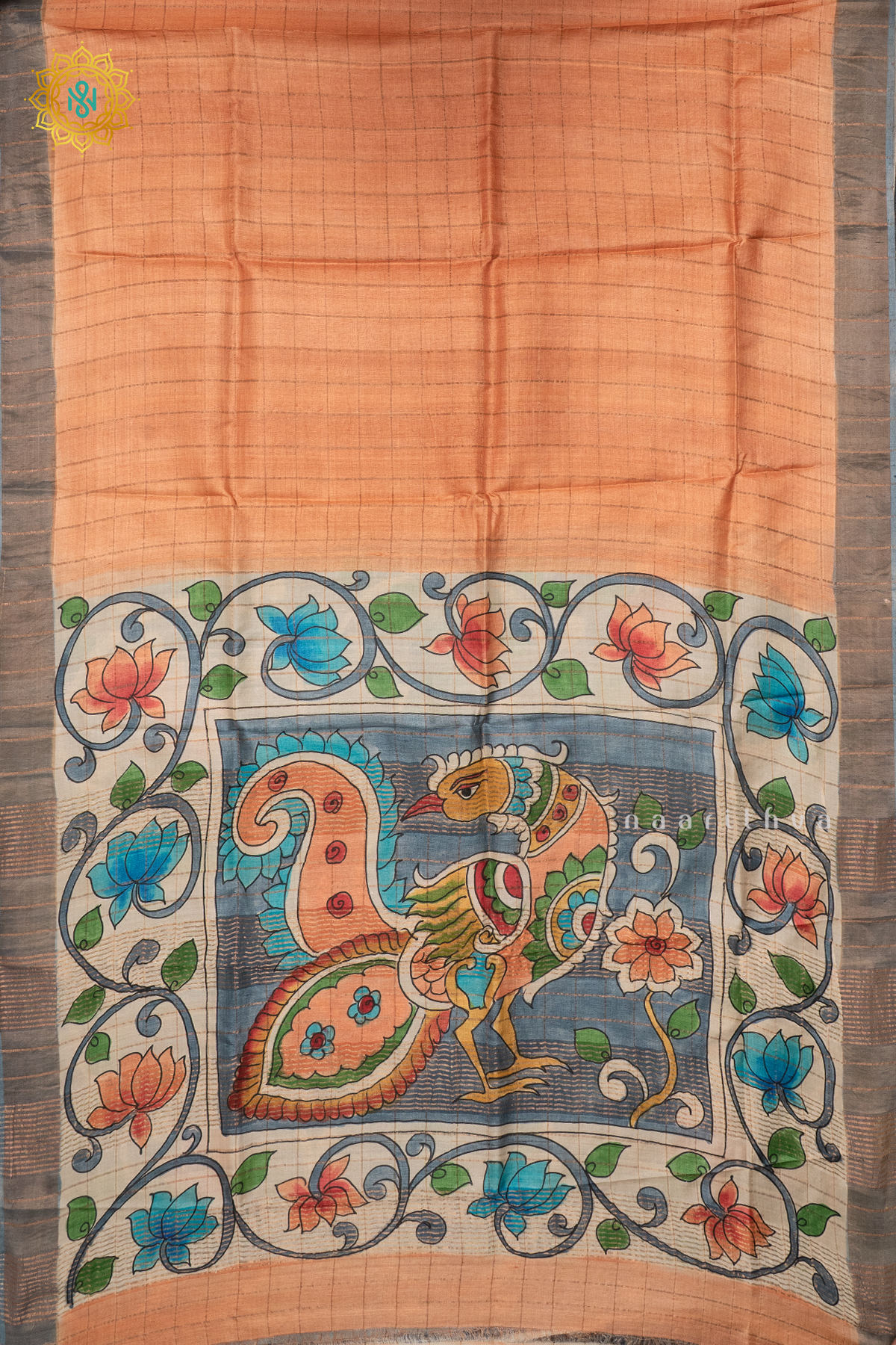PEACH WITH AQUA BLUE - PURE TUSSAR SILK