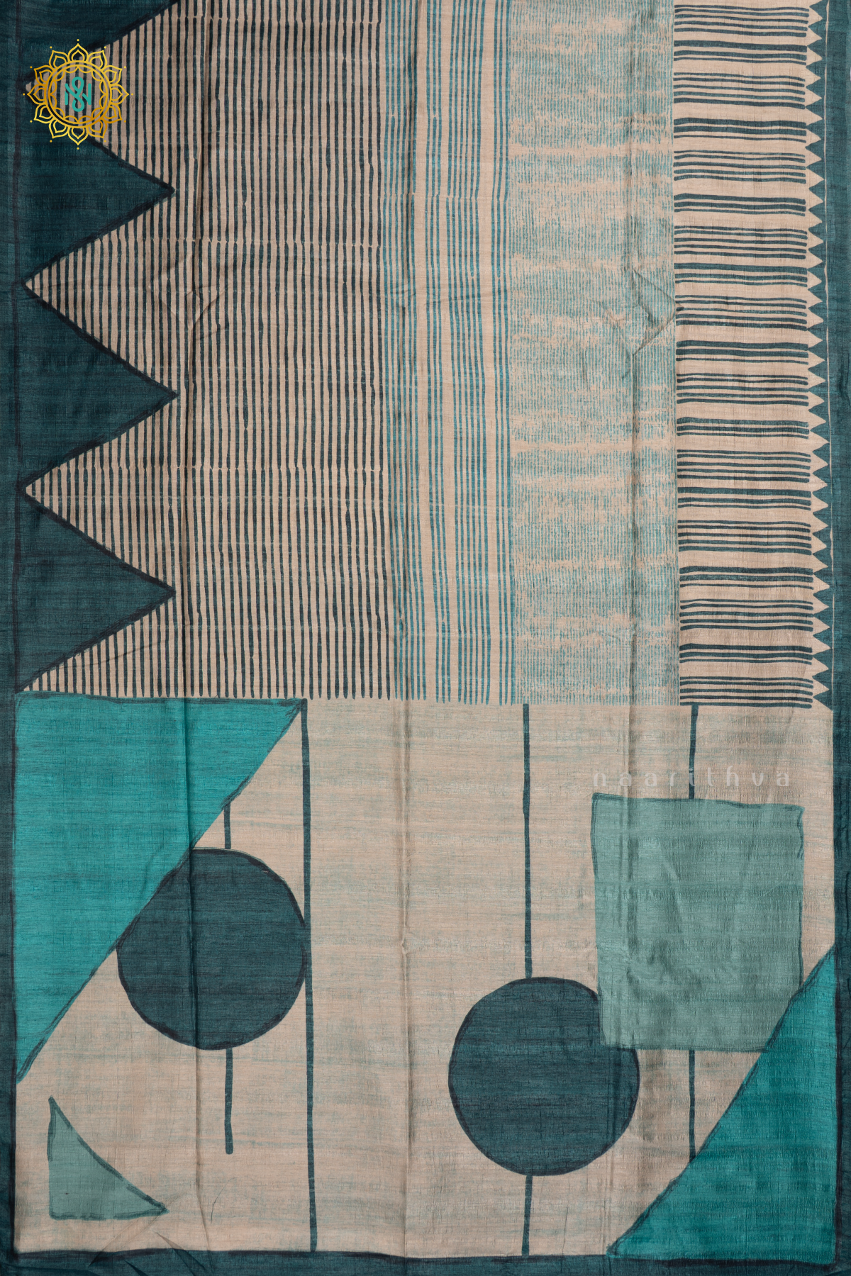 Off White with Blue - Semi Gicha Tussar Silk Saree with Allover Printed Body, Pallu and Blouse