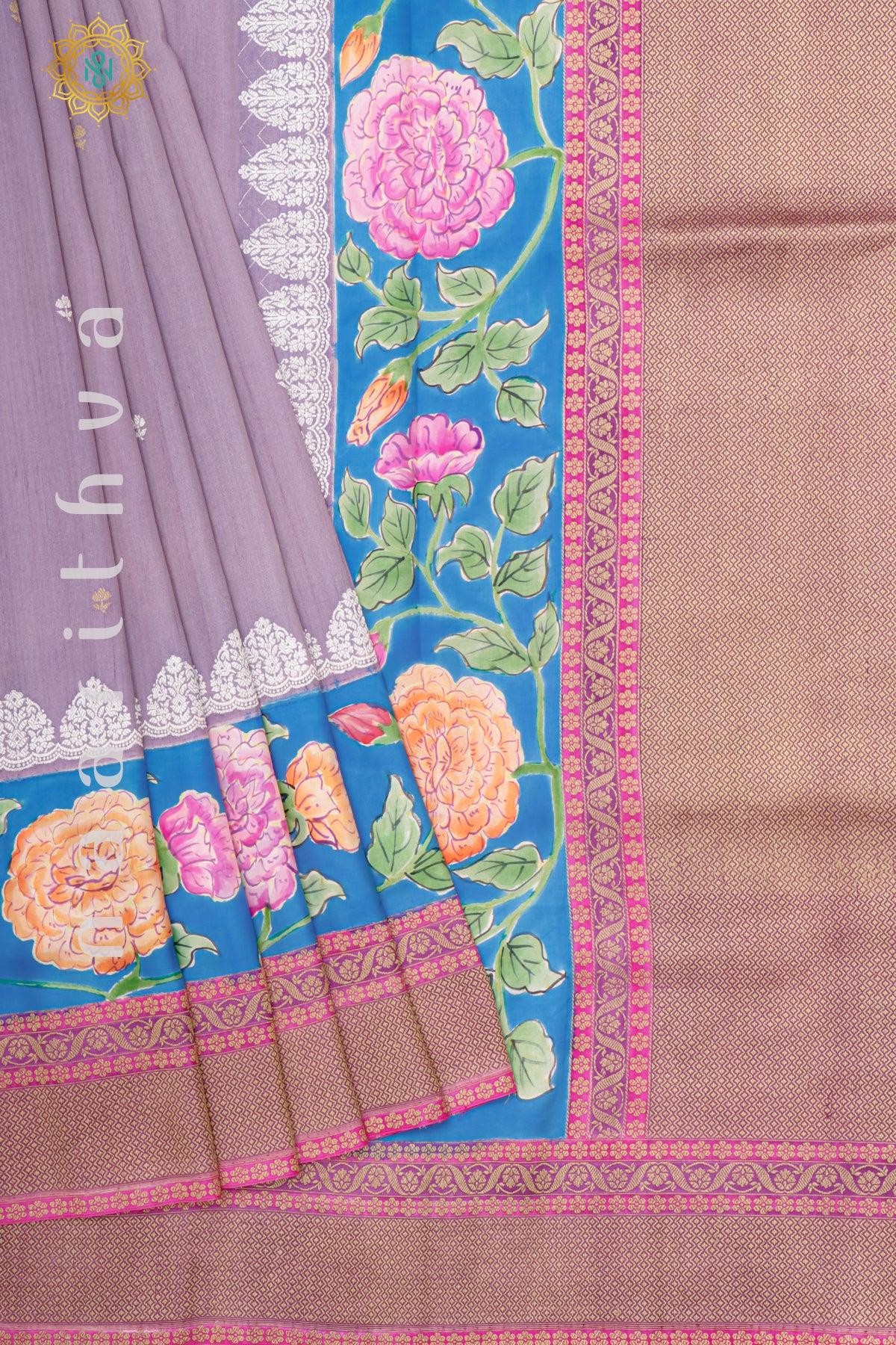 LAVENDER WITH RANI PINK - PURE HAND PAINTED TUSSAR GEORGETTE