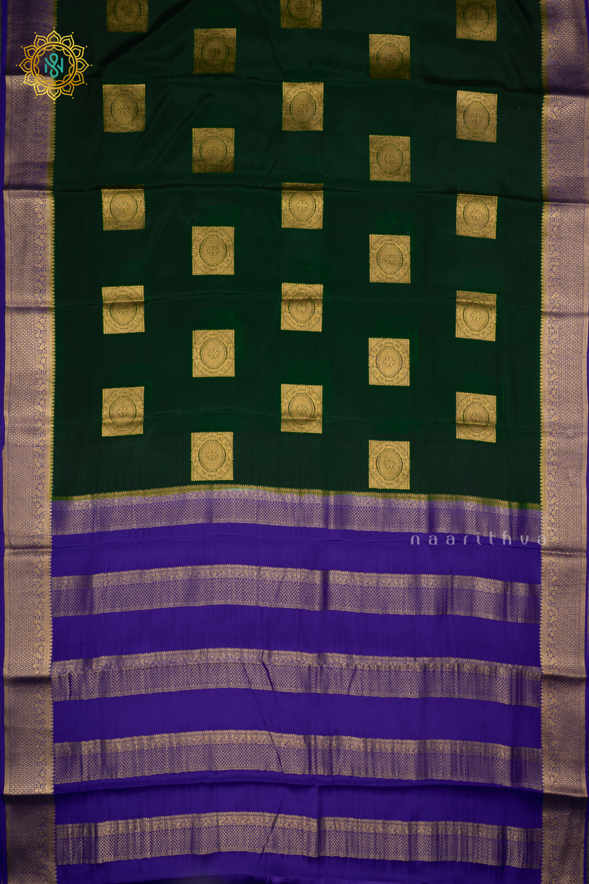 BOTTLE GREEN WITH ROYAL BLUE - PURE MYSORE CREPE SILK