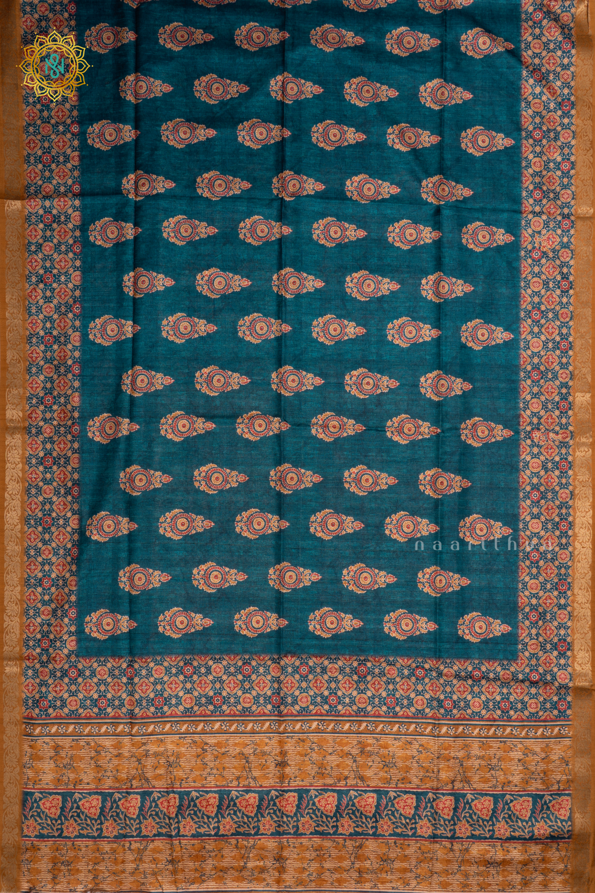BLUE WITH YELLOW - SEMI TUSSAR SILK SAREE PRINTED BODY WITH CONTRAST BORDER