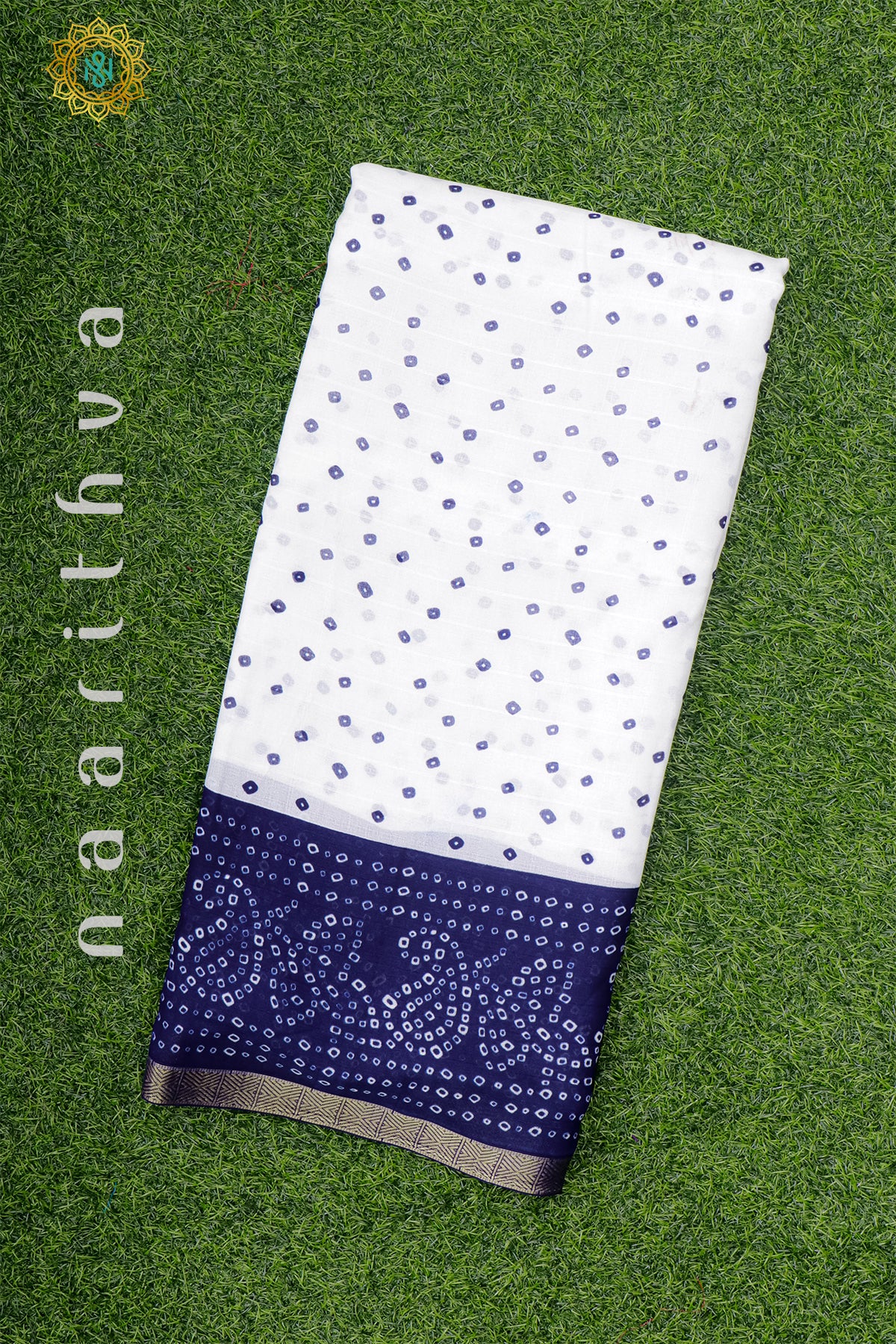 WHITE WITH NAVY BLUE - SEMI GEORGETTE