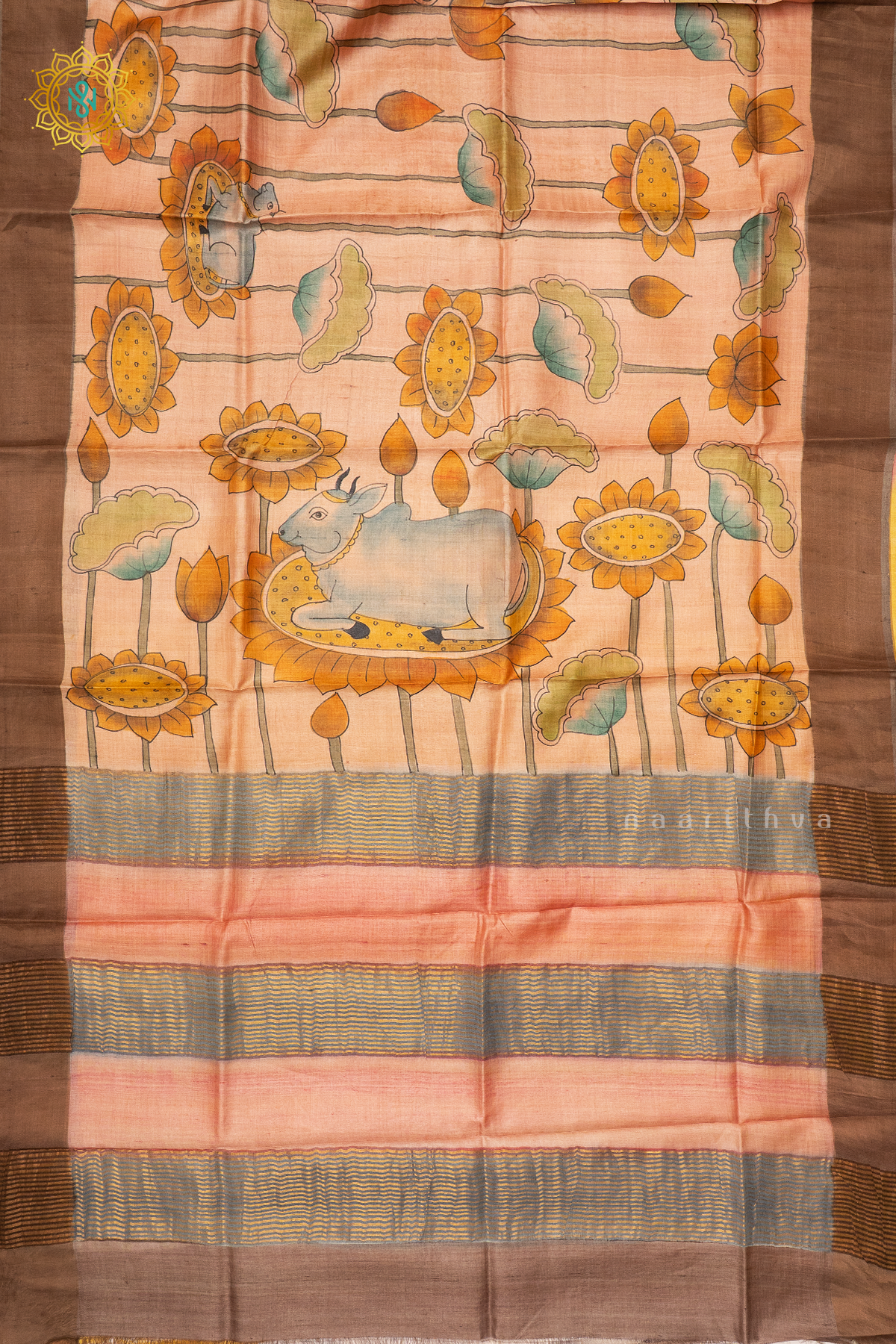 PEACH WITH YELLOW - PURE TUSSAR SILK