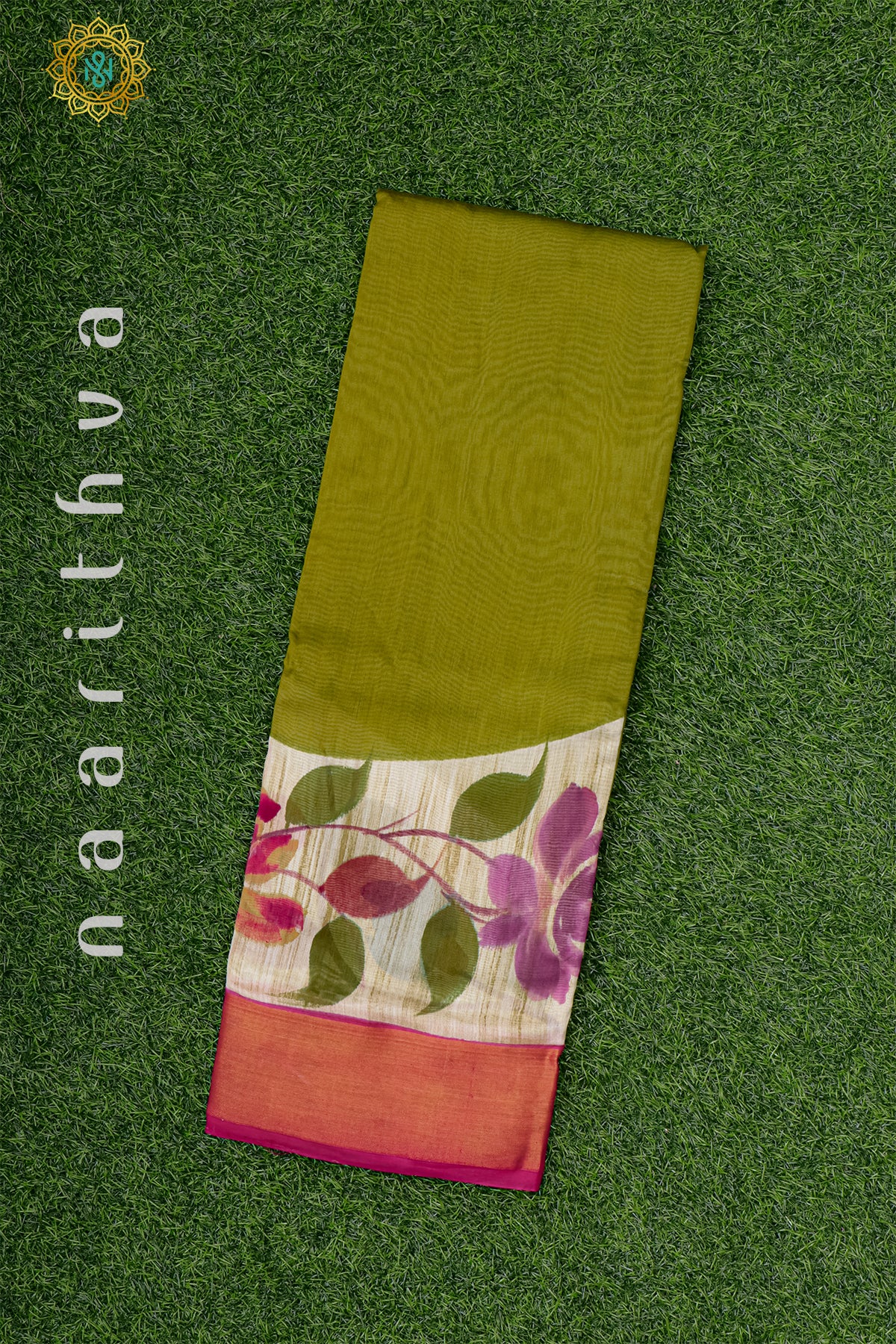 GREEN WITH PINK - CHANDERI SILK WITH HAND PAINTED