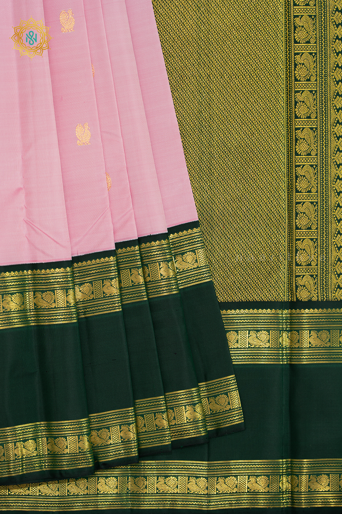 LIGHT PINK WITH BOTTLE GREEN - PURE KANJIVARAM SILK