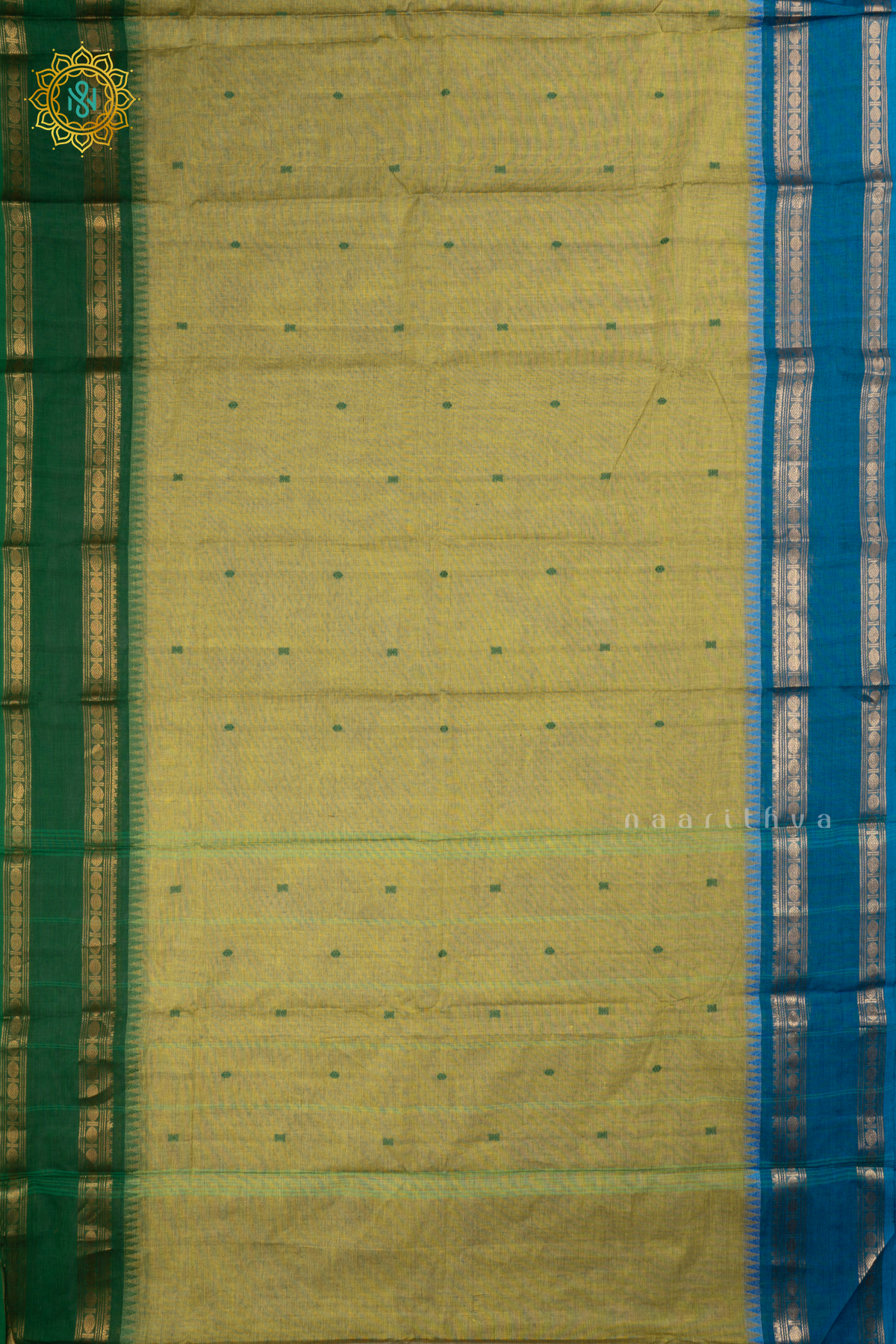 Light Green With Sky Blue & Green- Chettinad Cotton Saree Allover Thread Woven Buttas With Contrast Zari Bentex Ganga Jamuna Border
