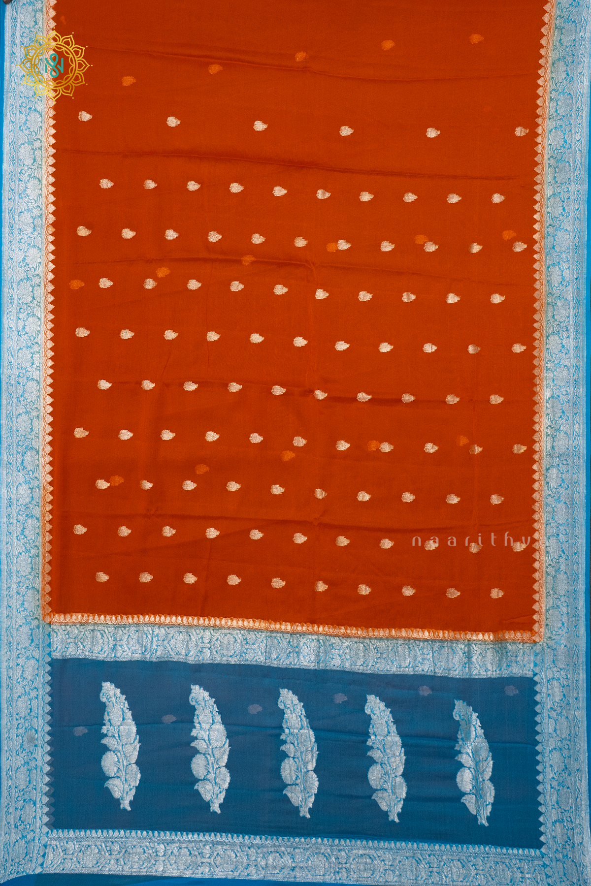 ORANGE WITH SKY BLUE - PURE BANARASI CHIFFON