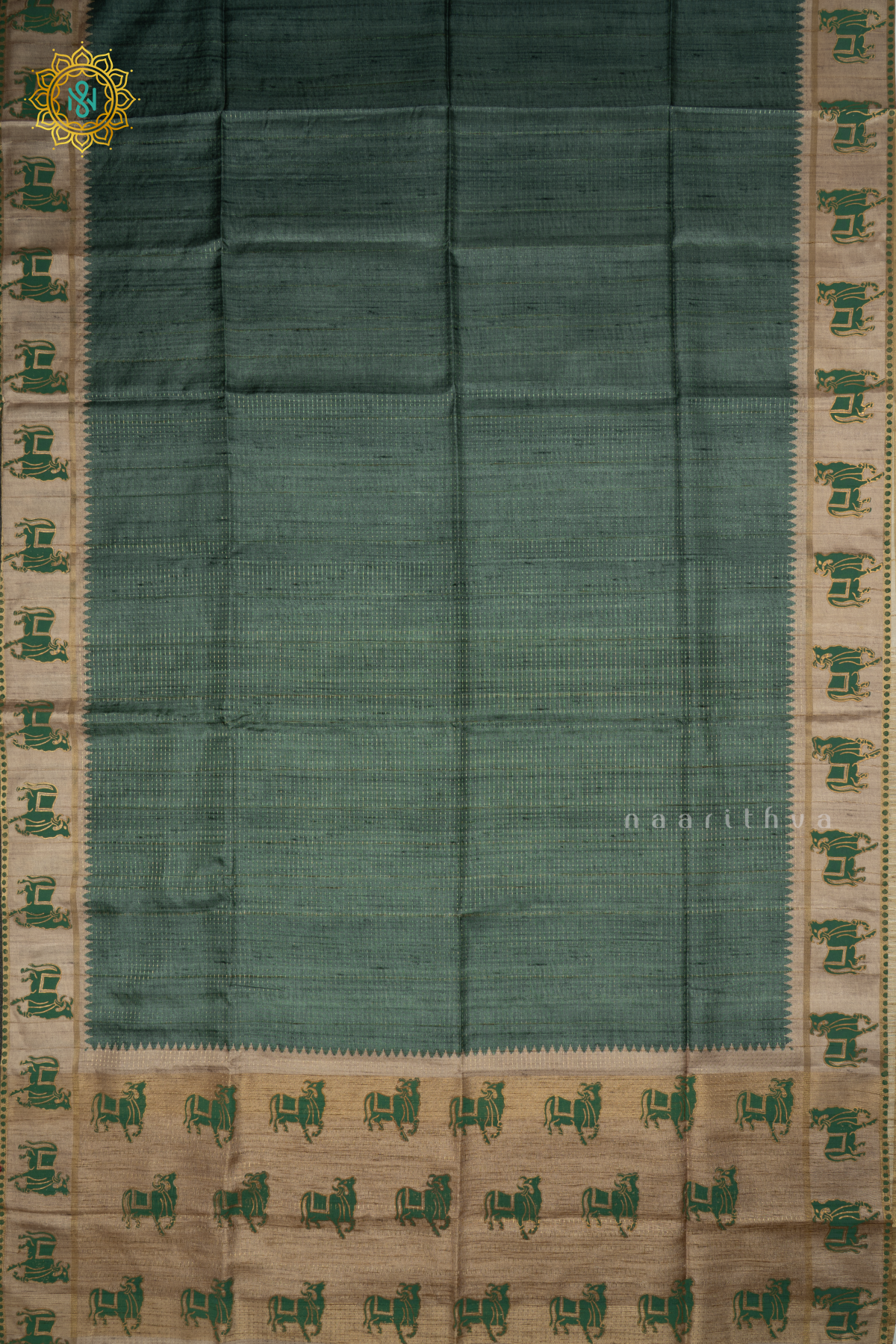 Green With Beige Semi Tussar Silk Saree With Zari Stripes On The Body, Printed Border And Contrast Blouse