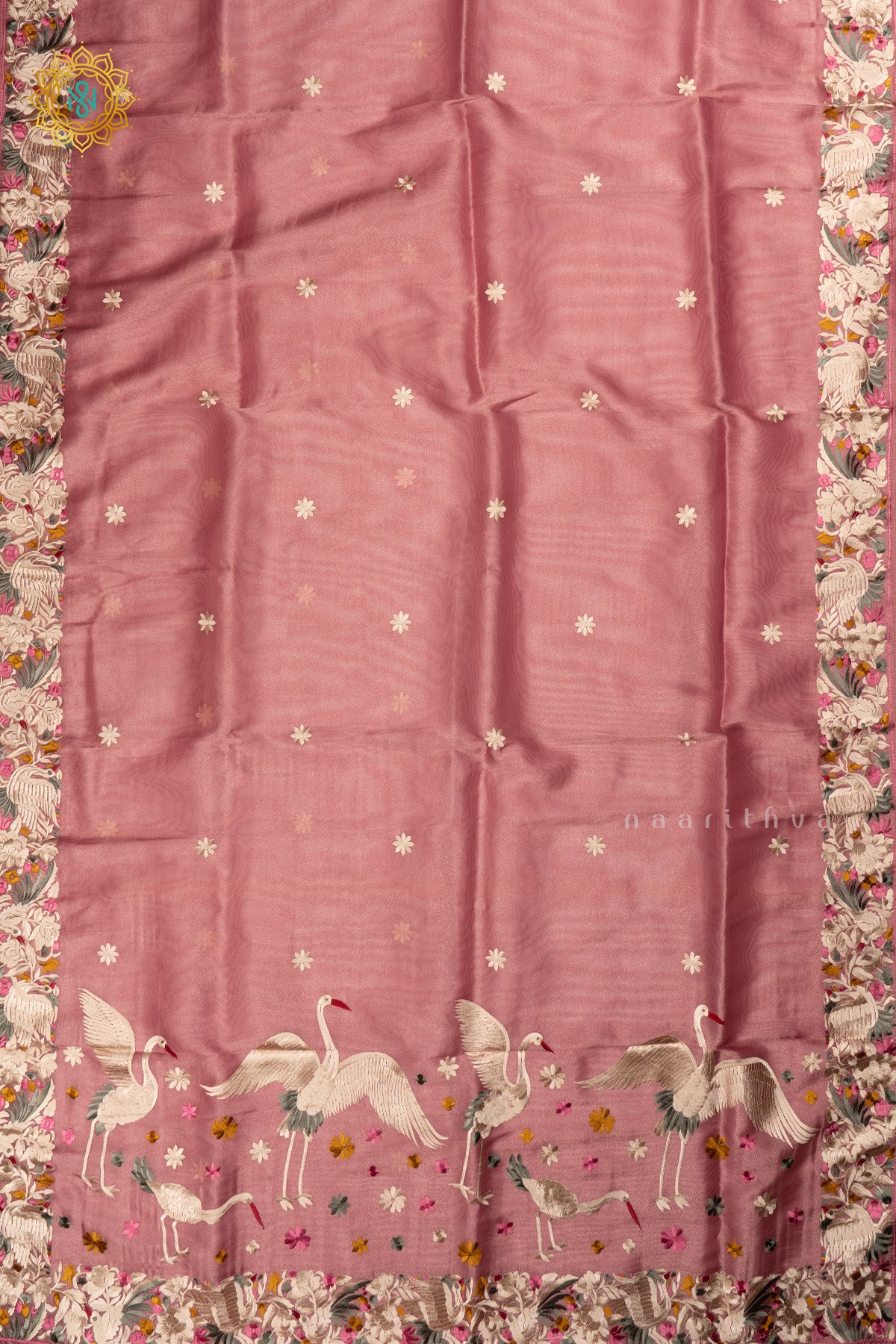 Peachish Pink Tissue Organza Saree All Over Hand Embroidery Buttas with Hand Embroidery Border