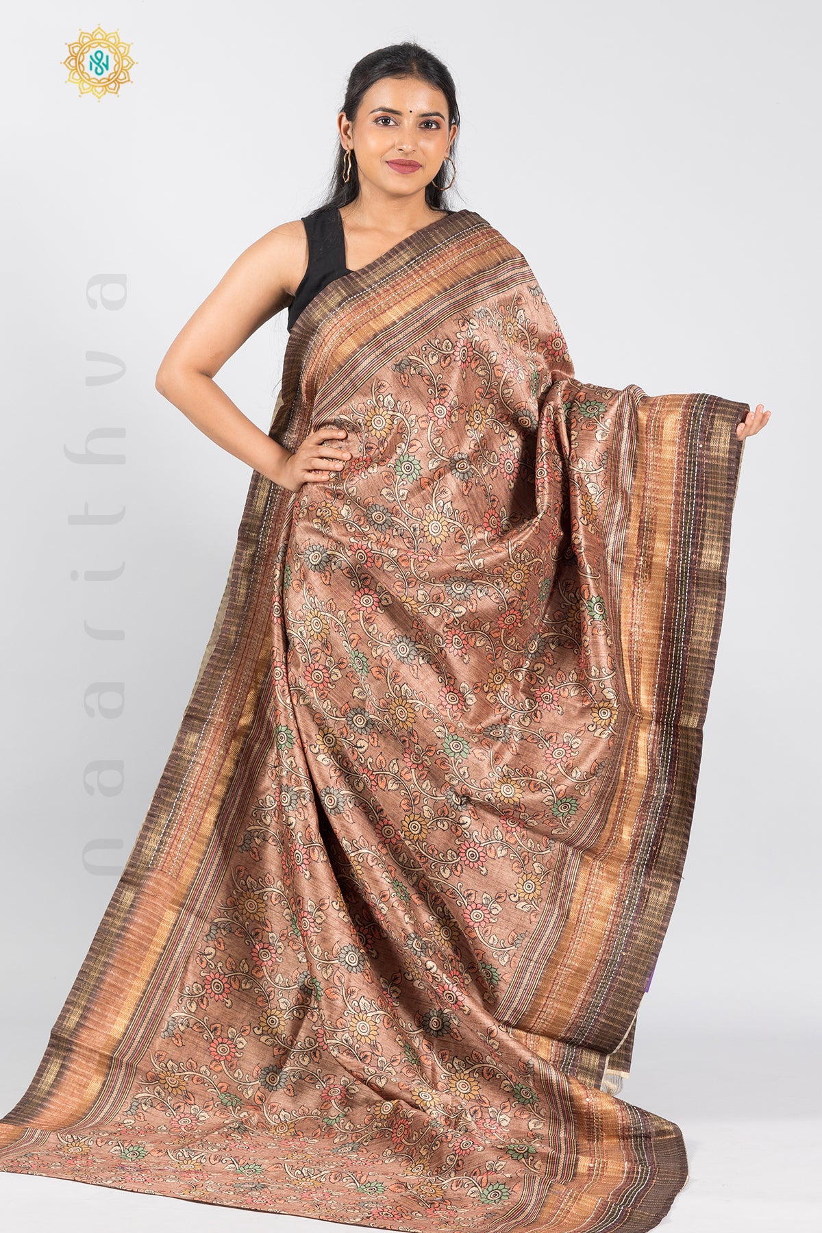 BROWN -  SEMI TUSSAR SILK WITH FLORAL DIGITAL PRINTS & KATHA WORK IN THE BORDER