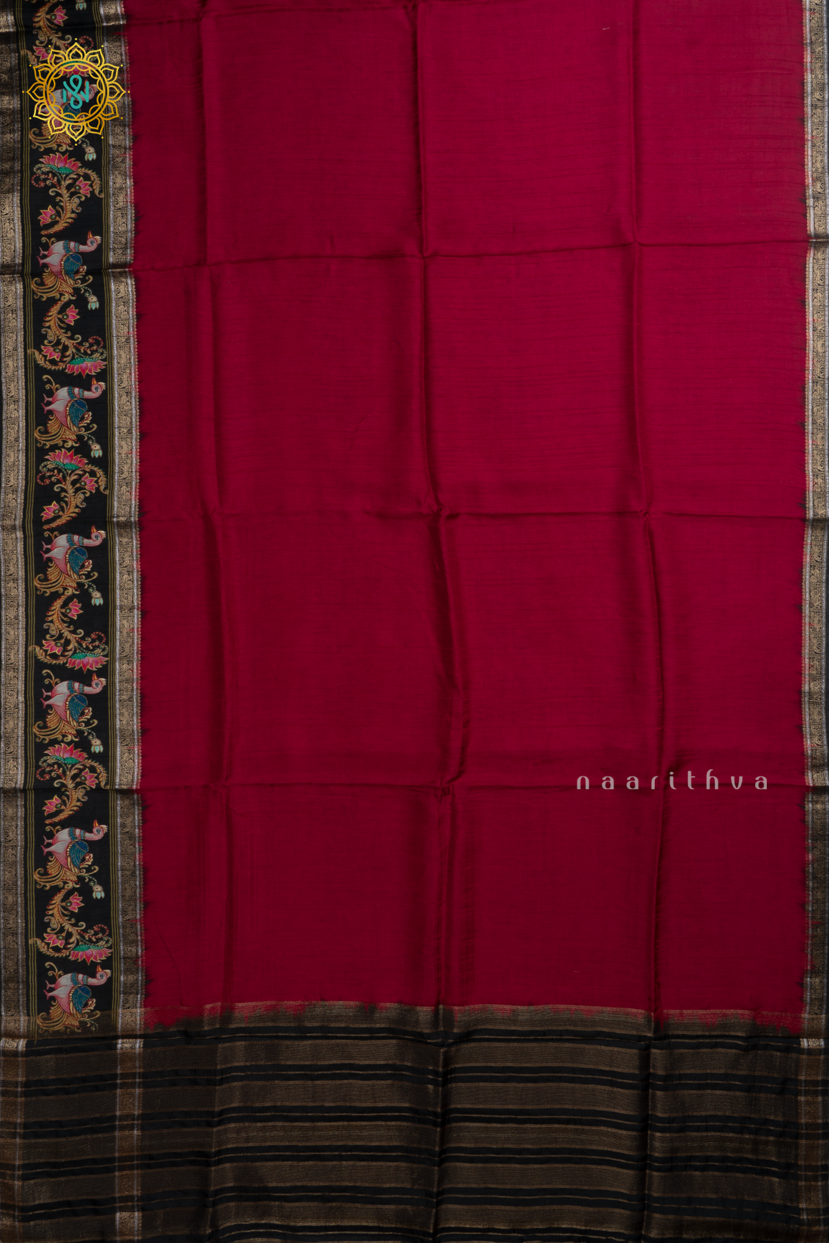 Red With Olive Green Printed Semi Crepe Silk With Contrast Border, Pallu