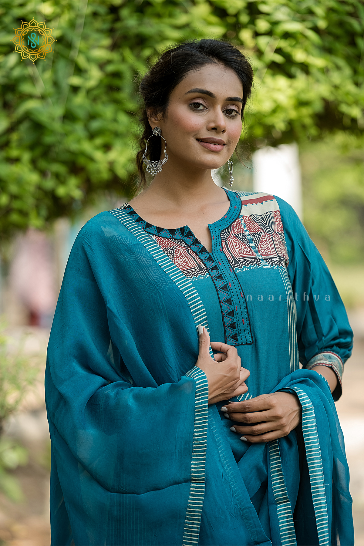 TEAL BLUE - CREPE 3PC SALWAR SUIT WITH TOP, BOTTOM & DUPATTA