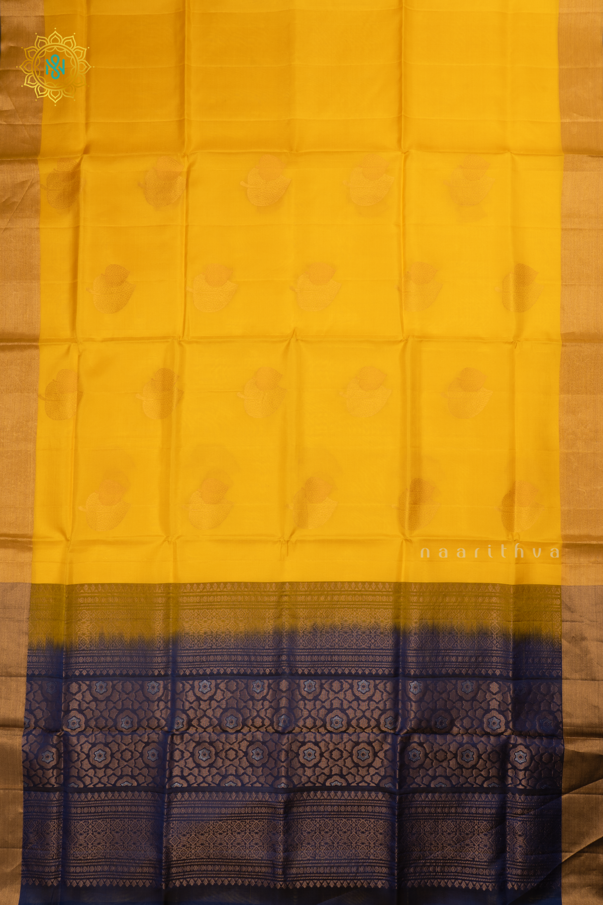 Yellow with Navy Blue Pure Mix Kanjivaram Soft Silk Saree with All-Over Zari Buttas and a Contrast Zari Border