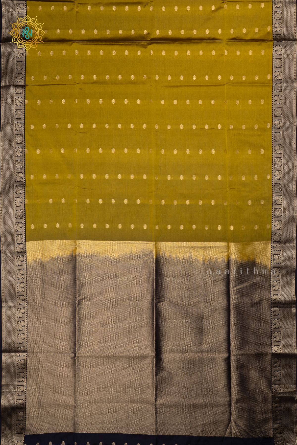 Olive Green With Navy Blue Semi Soft Silk Saree Allover Zari Buttas And Contrast Zari Border