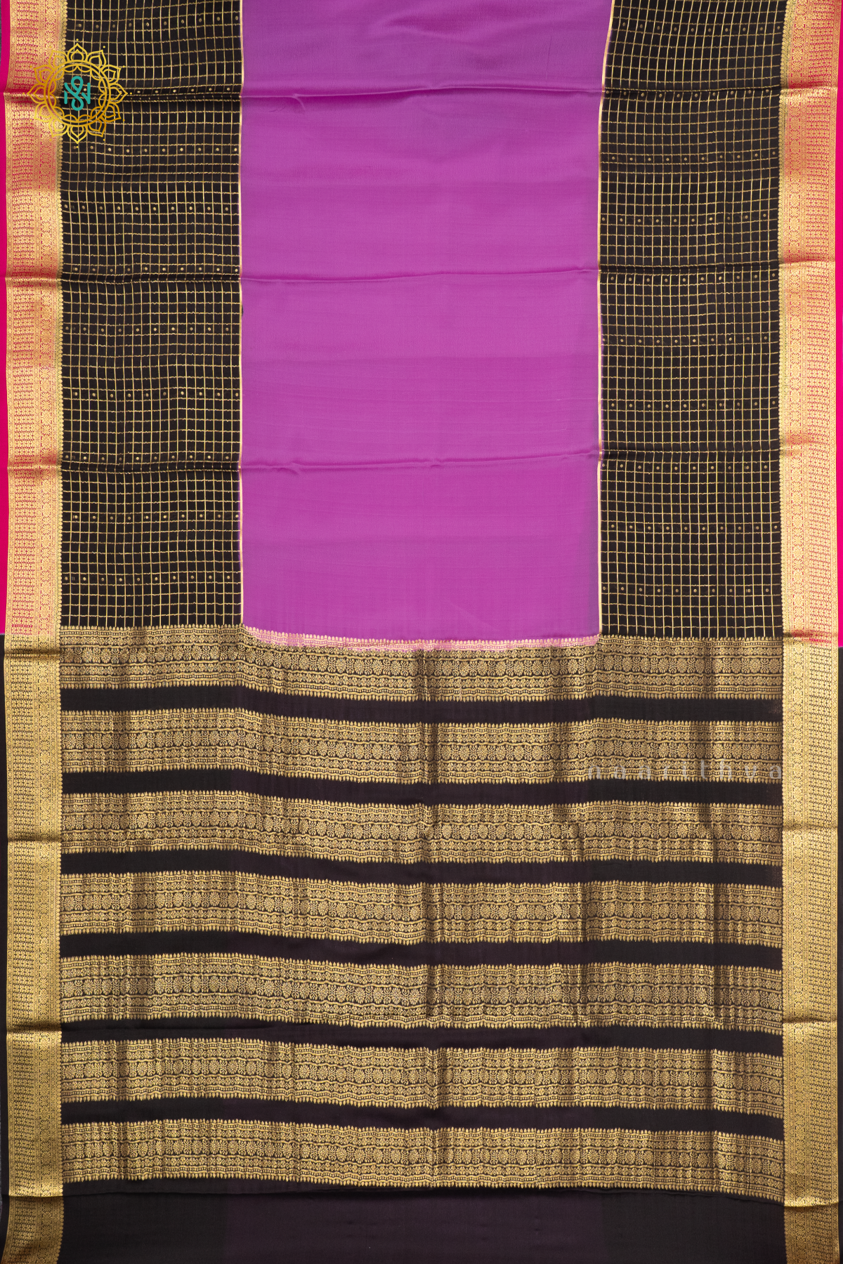 LAVENDER WITH BLACK & PINK - PURE MYSORE CREPE SILK