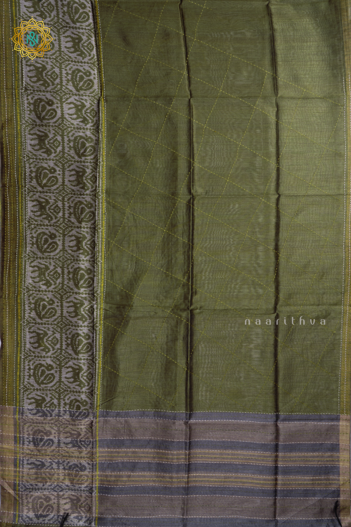Olive Green With Beige Semi Tussar Silk Saree With Ikkat Print Border