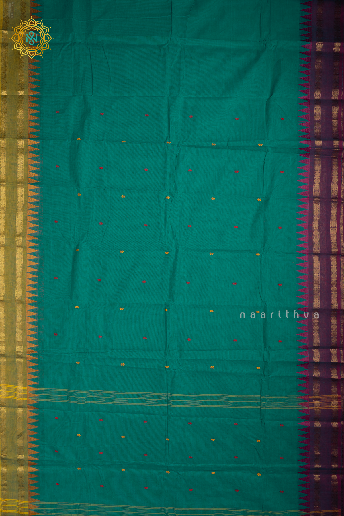 Aqua Green With Light Green & Magenta Chettinad Cotton Saree With Thread Woven Buttas & Ganga Jamuna Contrast Border