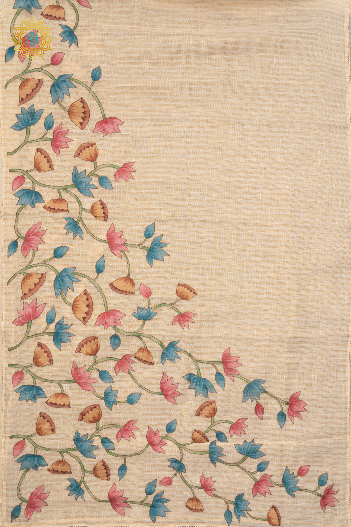 OFF WHITE WITH AQUA BLUE - LINEN TISSUE WITH APPLIQUE WORK