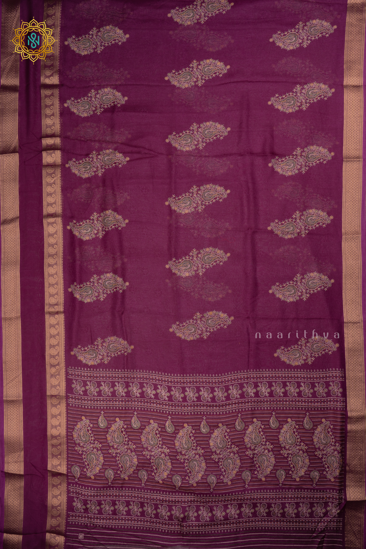 WINE - SEMI GEORGETTE SAREE WITH PRINTED BODY AND ZARI GAP BORDER