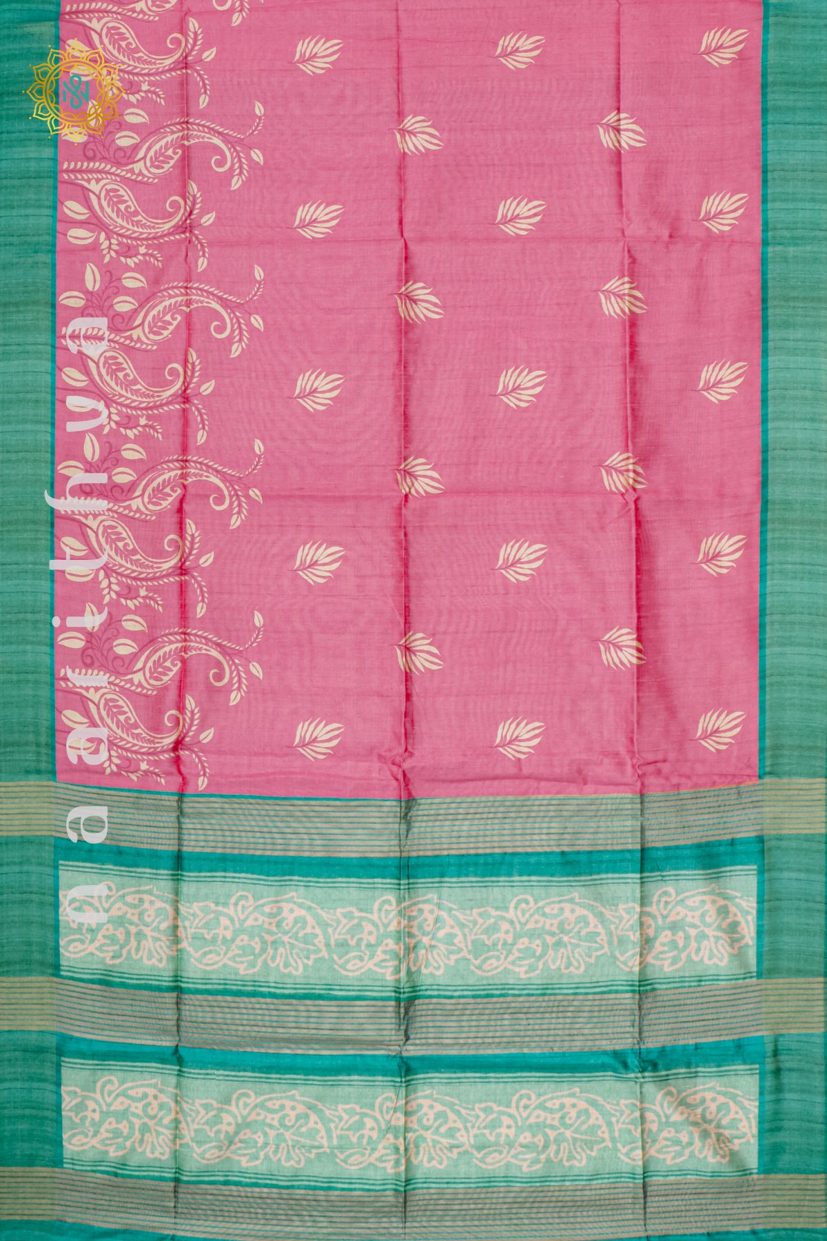 PEACHISH PINK WITH AQUA GREEN - SEMI TUSSAR