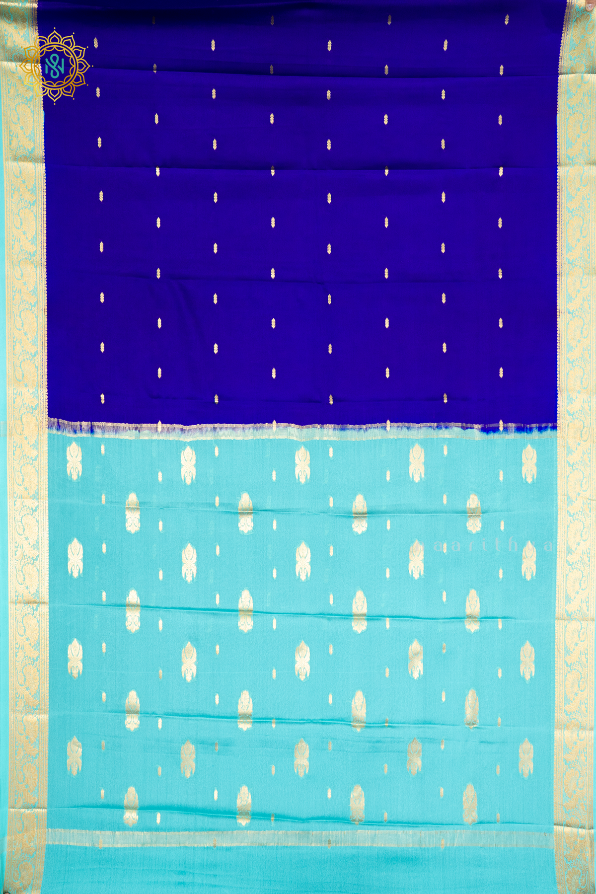 ROYAL BLUE WITH AQUA BLUE - PURE MYSORE CREPE SILK