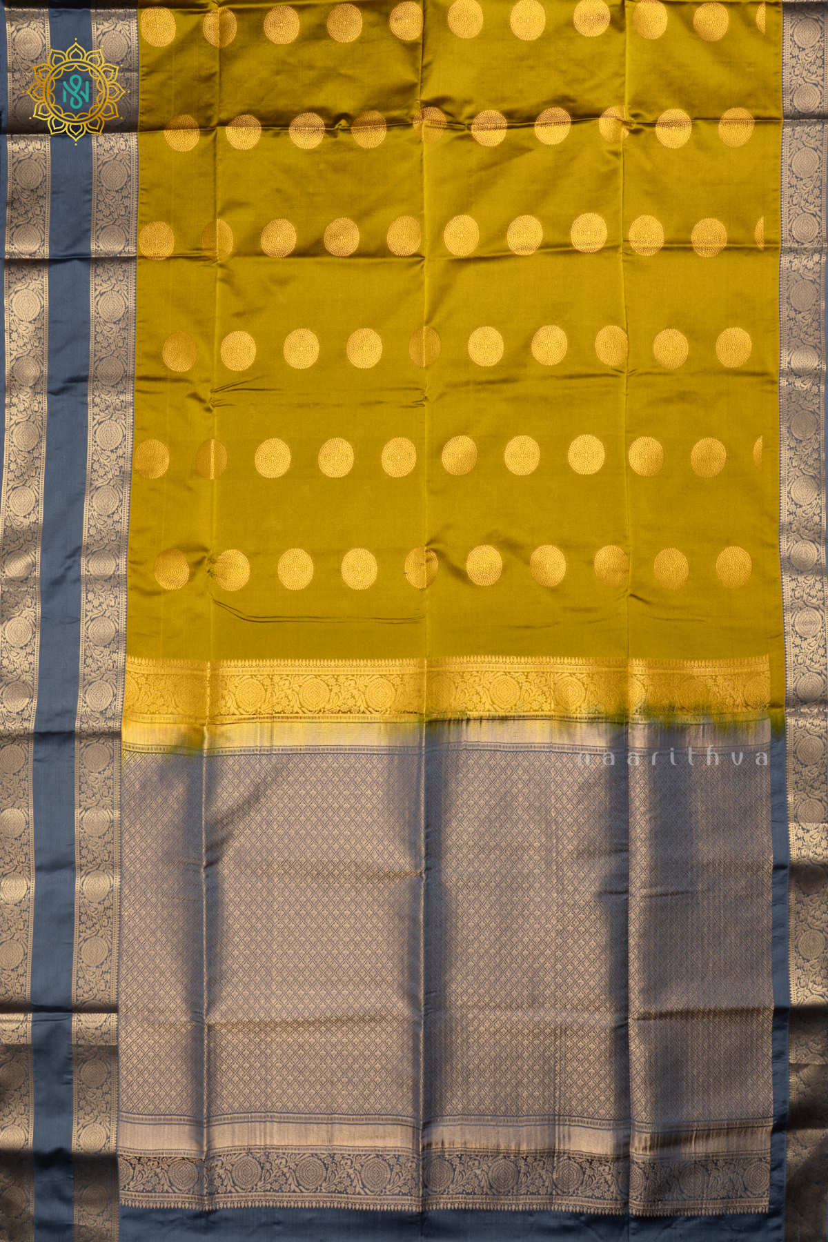 YELLOW WITH GREYISH BLUE - SEMI SOFT SILK SAREE ALLOVER ZARI BUTTAS AND CONTRAST GAP BORDER