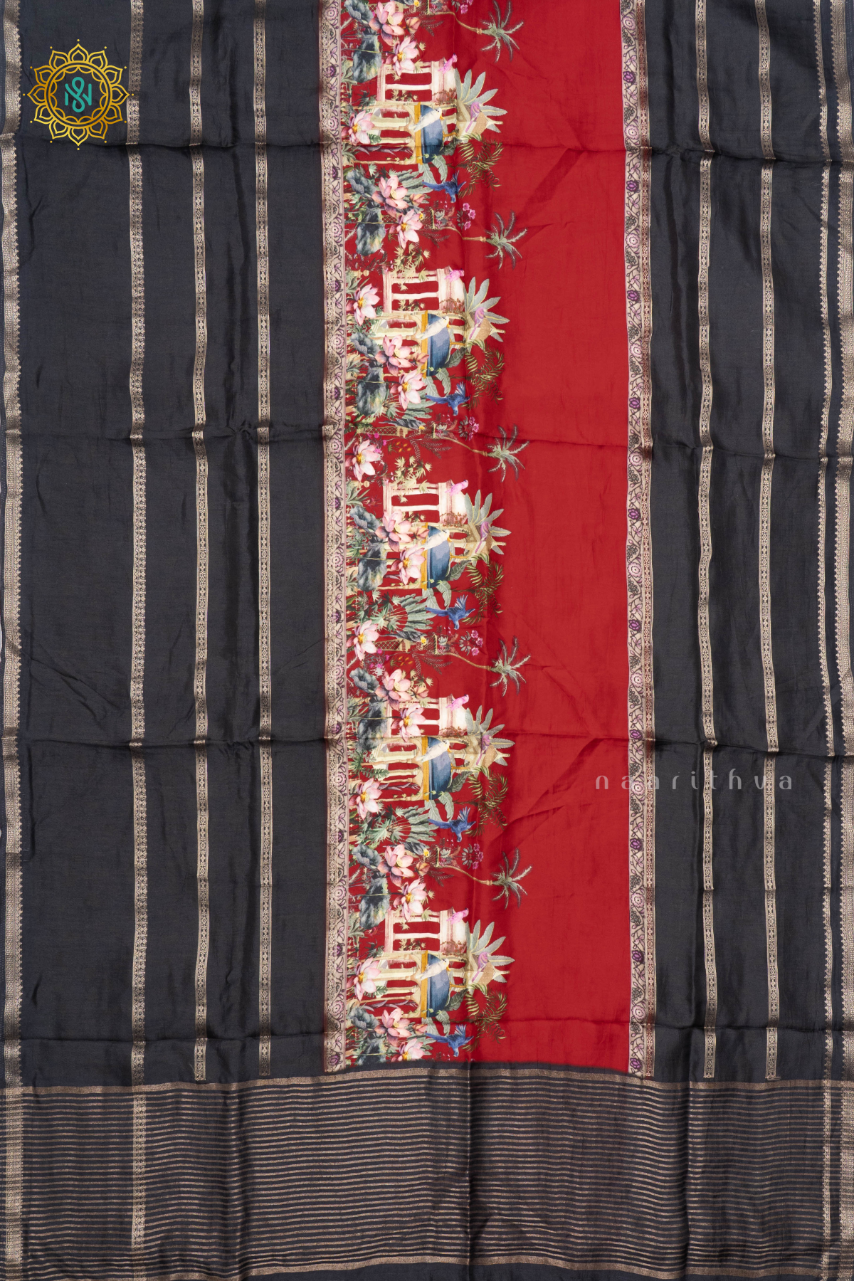 BLACK WITH RED - SEMI CREPE SILK