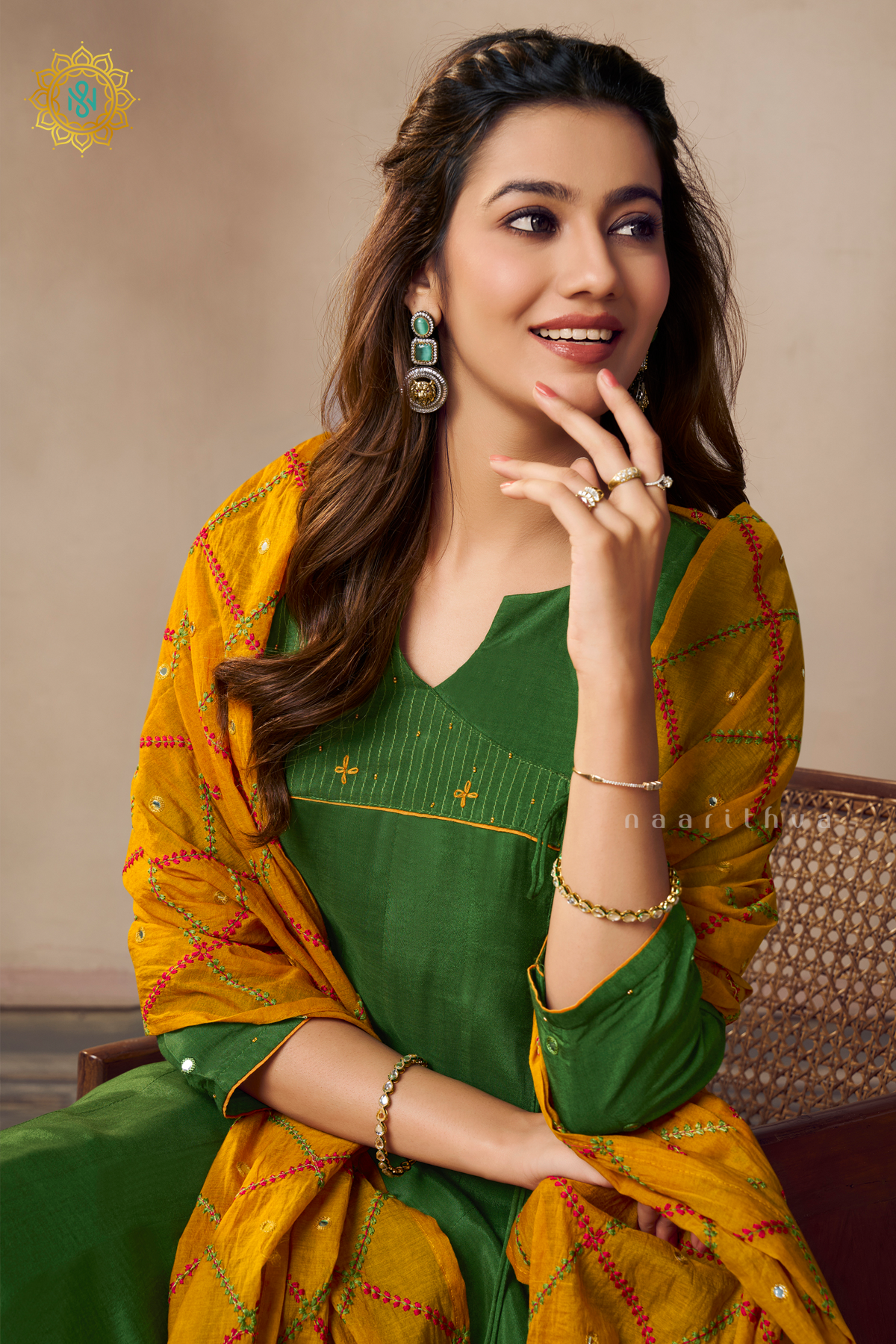 GREEN WITH YELLOW - 3PC DOLA SILK SALWAR SUITS WITH TOP, BOTTOM & DUPATTA