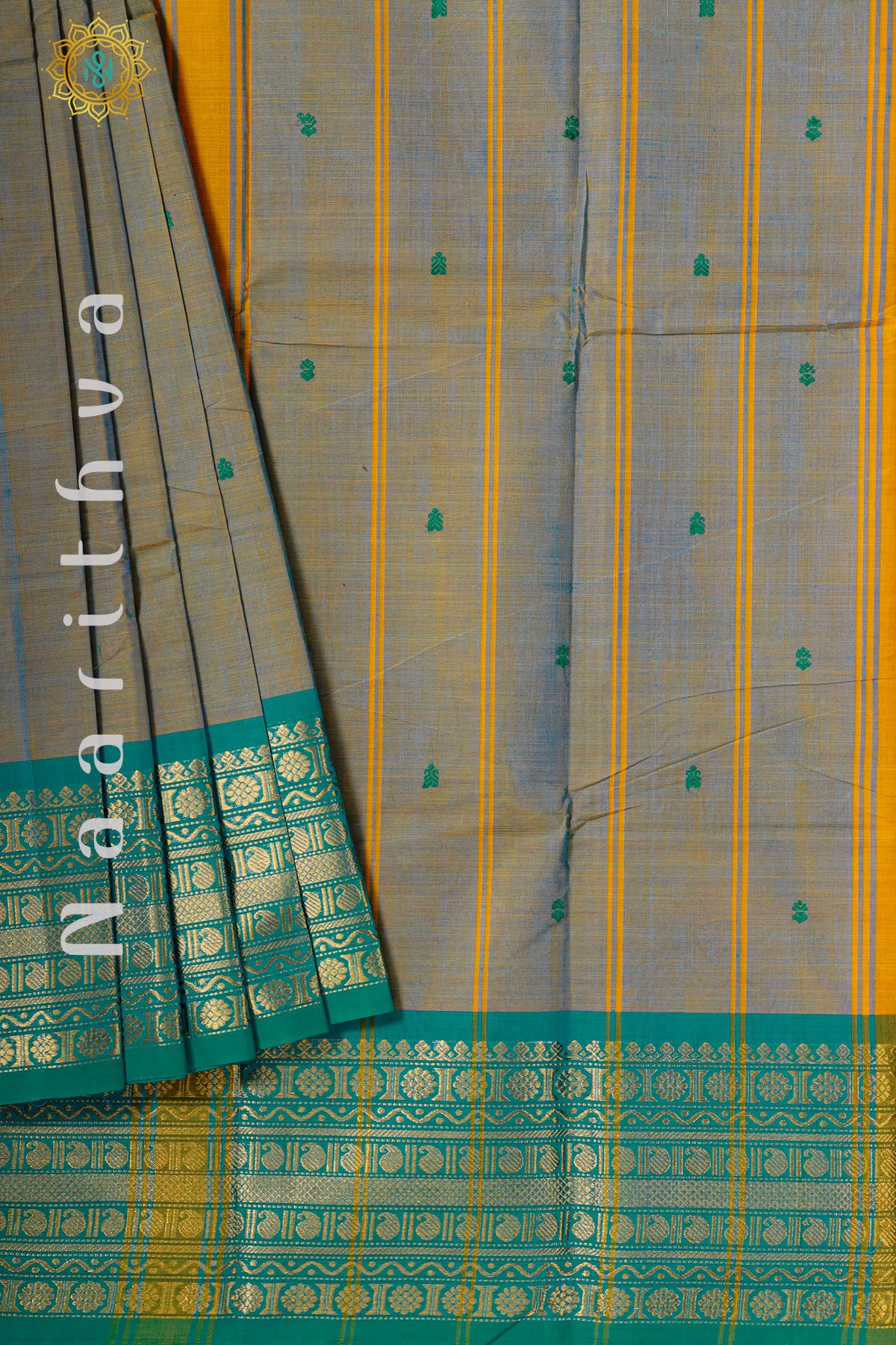 DUAL SHADE OF GREY WITH CYAN GREEN - CHETTINAD COTTON