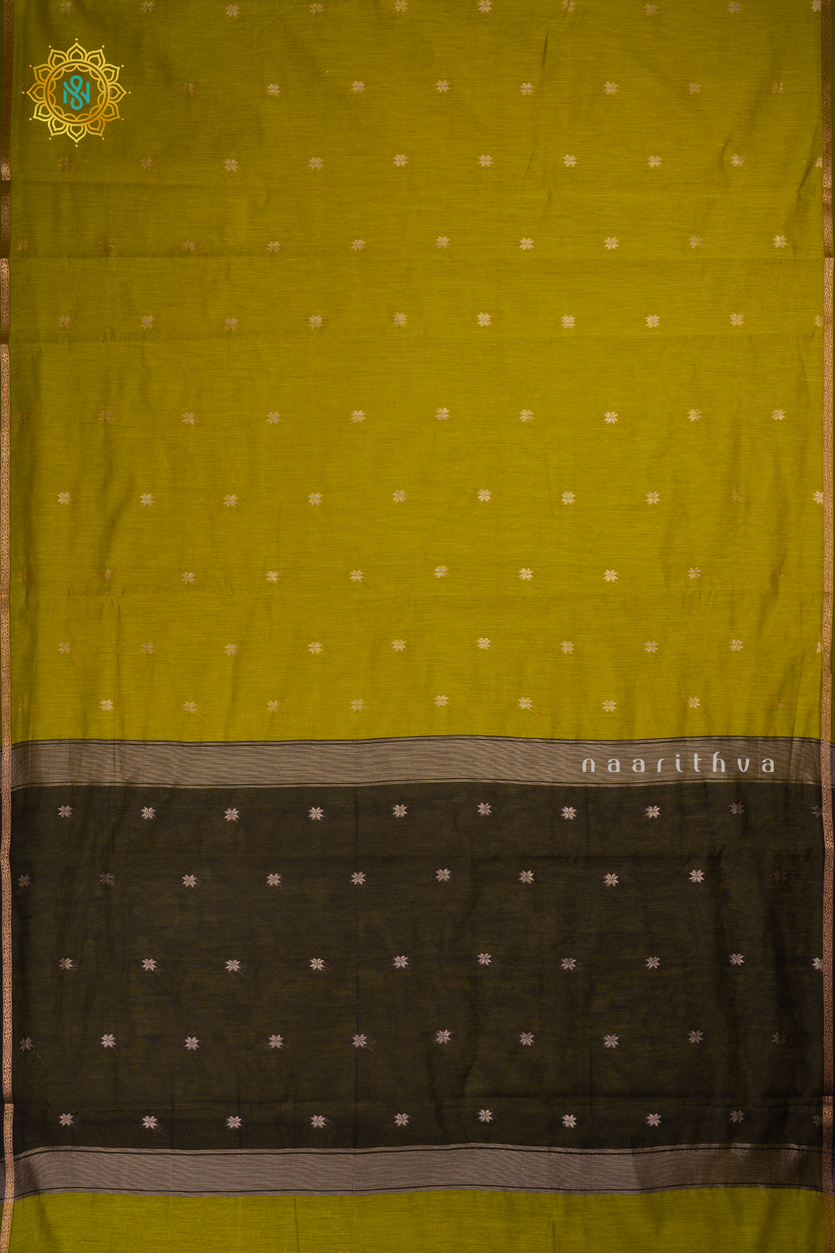 Parrot Green With Black Silk Cotton Saree With Zari Woven Buttas And Contrast Zari Border