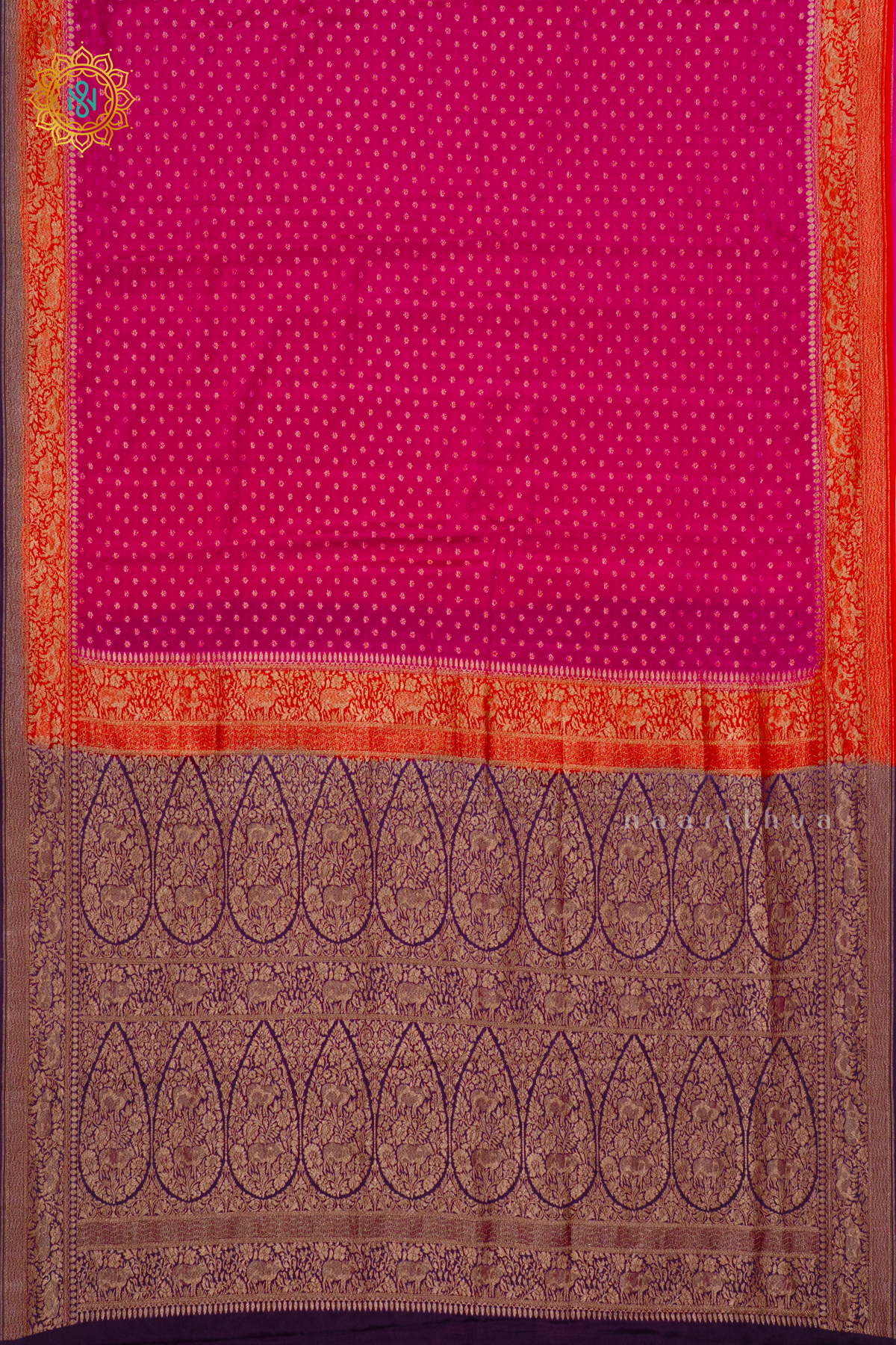PINK WITH ORANGE & DEEP WINE - PURE BANARASI CREPE SILK