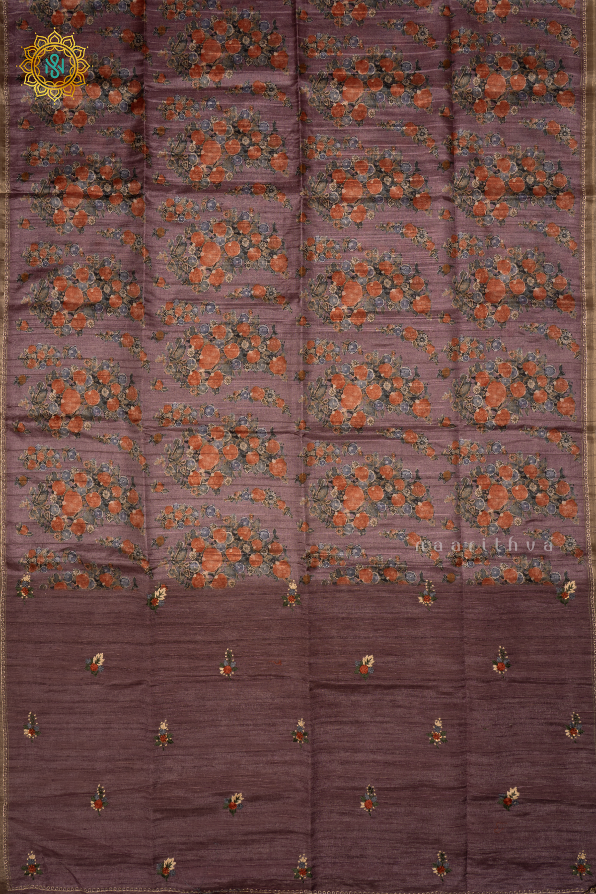 MAUVE  - KOTHA TUSSAR SAREE WITH PRINTED BODY, EMBROIDERY WOVEN BUTTAS AND AARI WORK BORDER