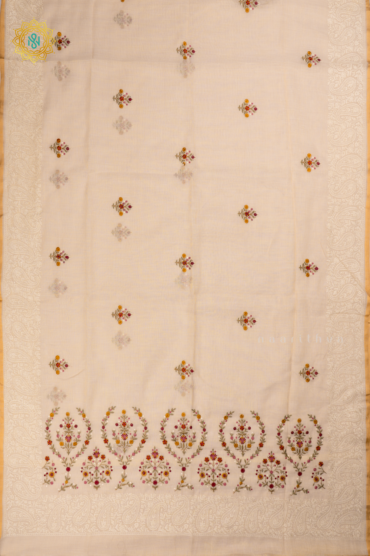 Off White with Maroon Linen Tissue Saree with Allover Thread Work, Border and pallu