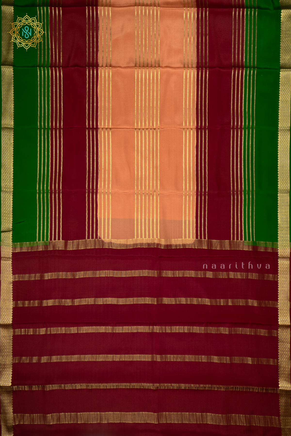 PEACH WITH MAROON AND GREEN - PURE MYSORE CREPE SILK