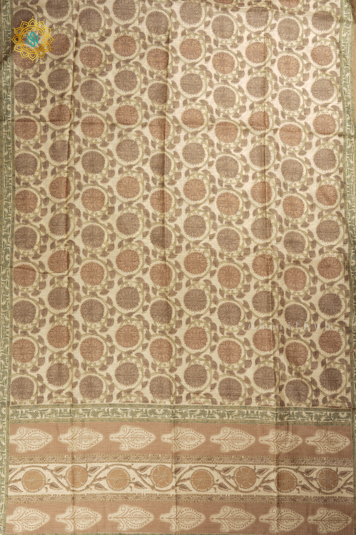 BEIGE WITH LIGHT BROWN - SEMI TUSSAR SILK SAREE PRINTED BODY WITH TISSUE BORDER