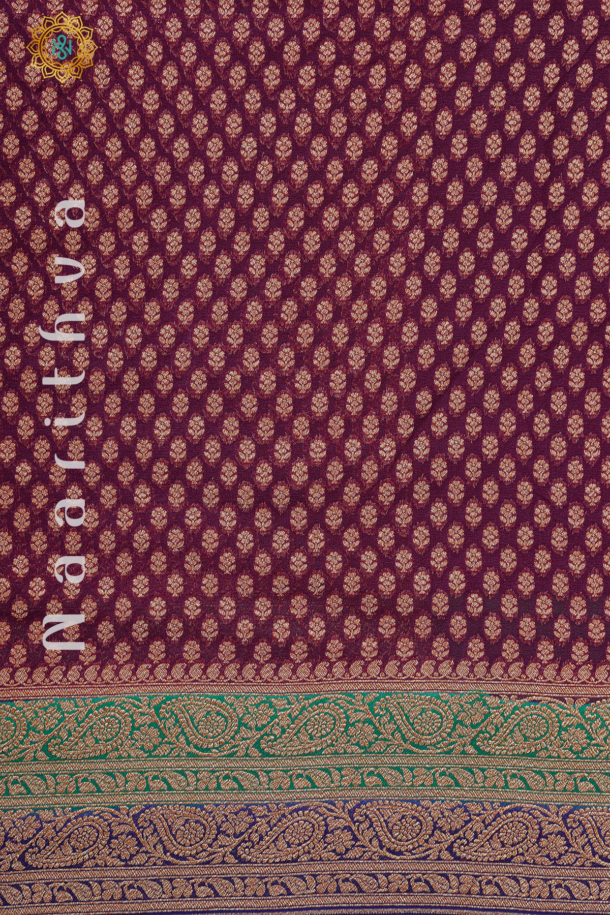 WINE WITH GREEN & BLUE - PURE HANDLOOM KHADDI GEORGETTE BANARAS