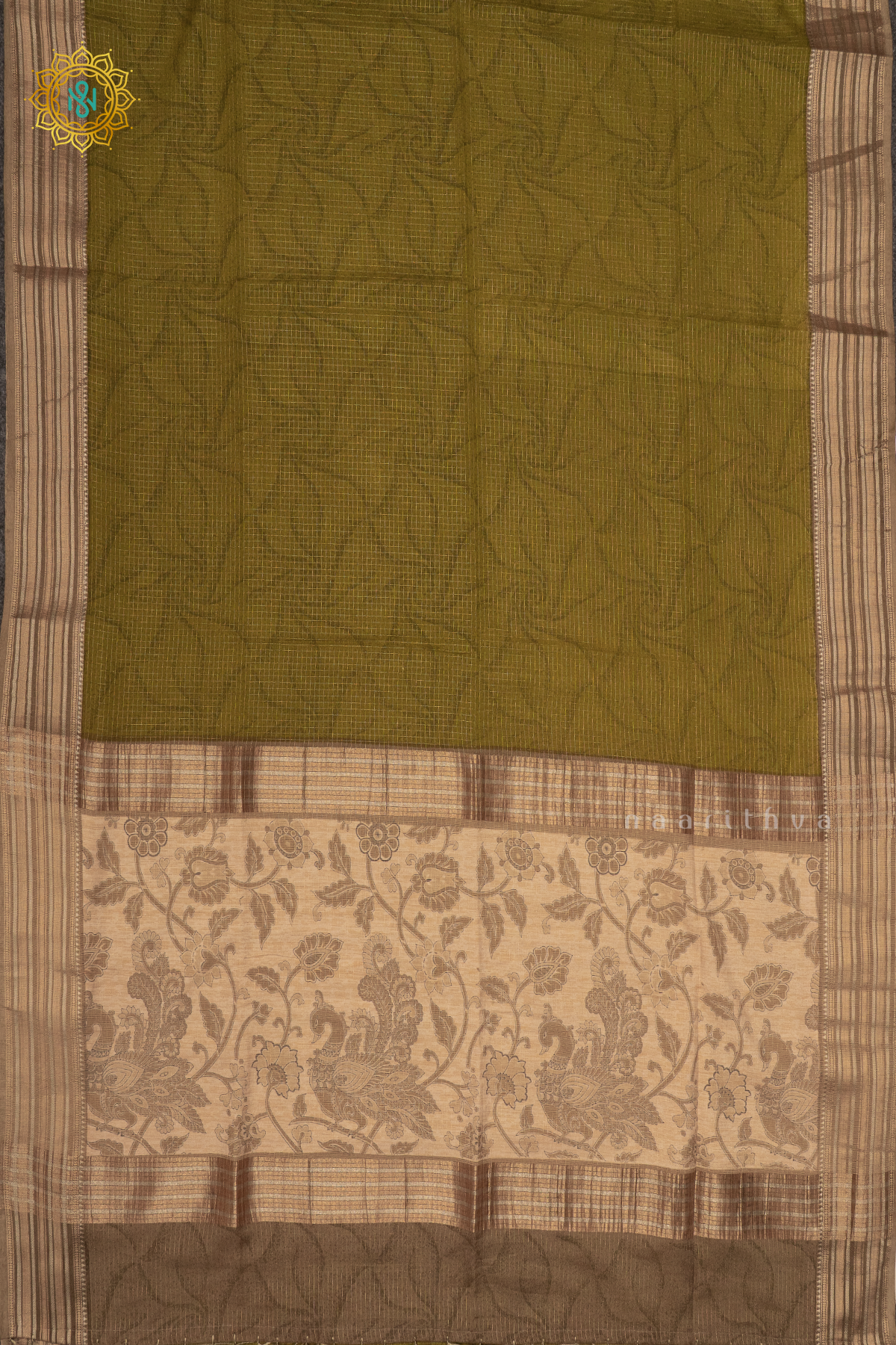 PARROT GREEN WITH BEIGE - SEMI CREPE SILK