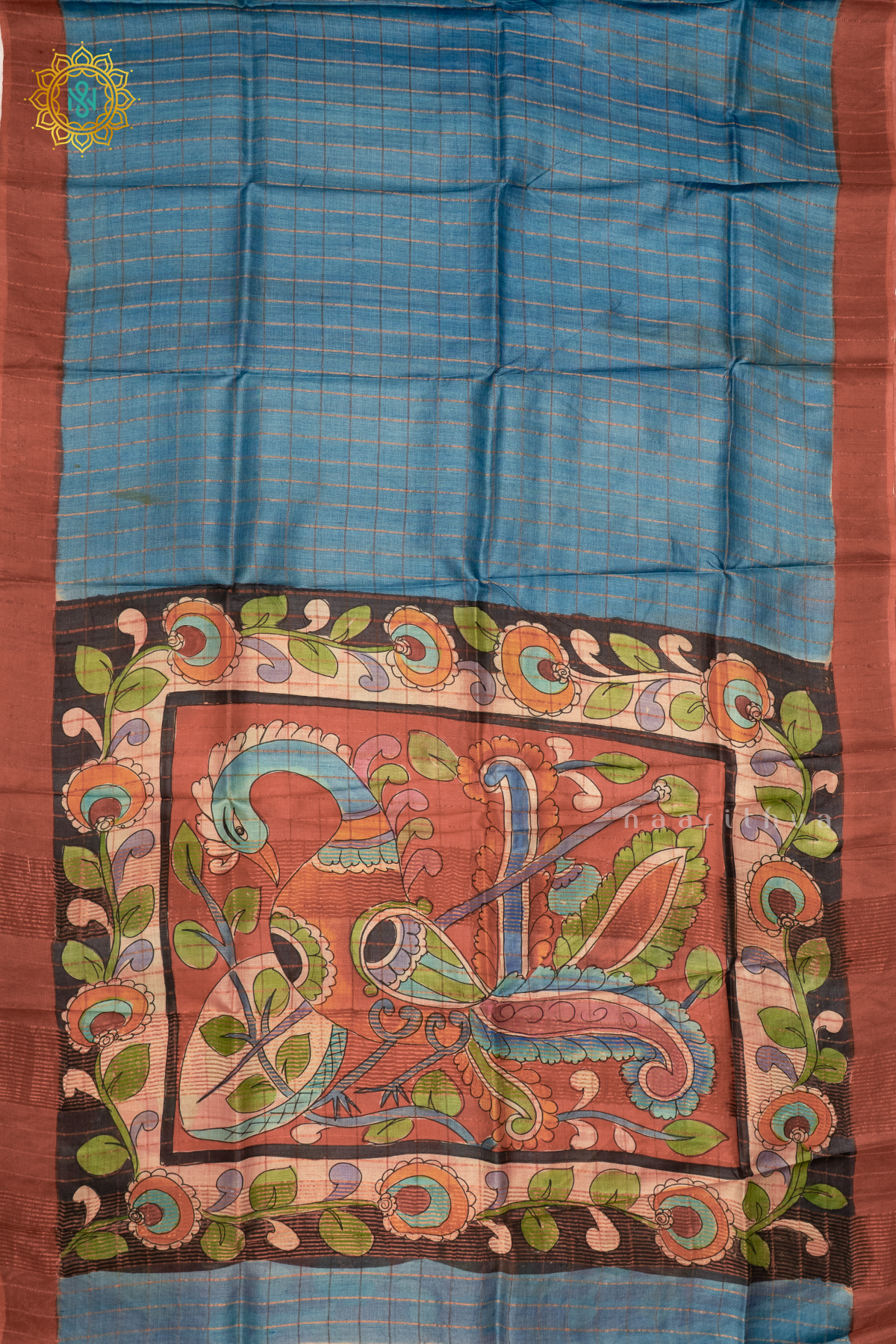 BLUE WITH PEACH - PURE TUSSAR SILK
