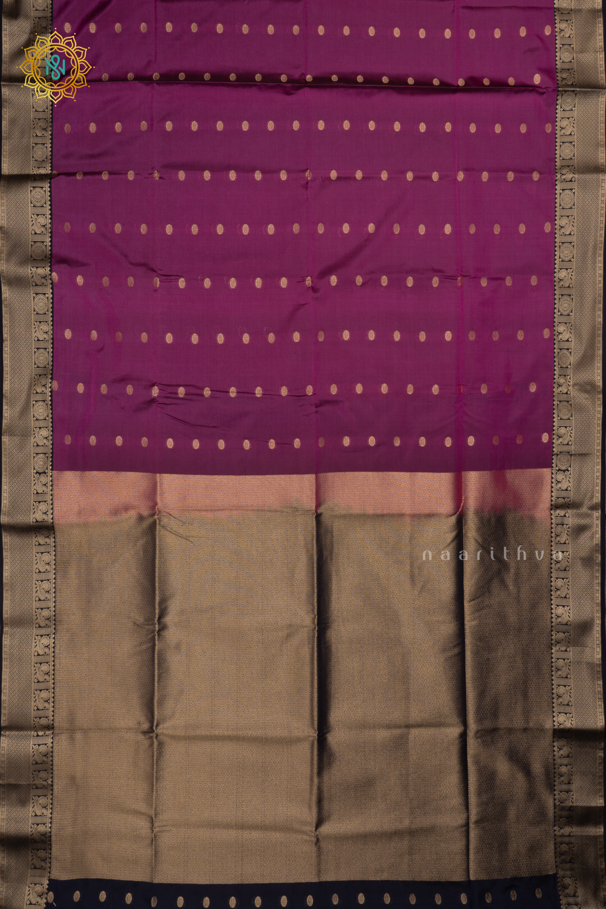 Purple With Navy Blue Semi Soft Silk Saree Allover Zari Buttas And Contrast Zari Border