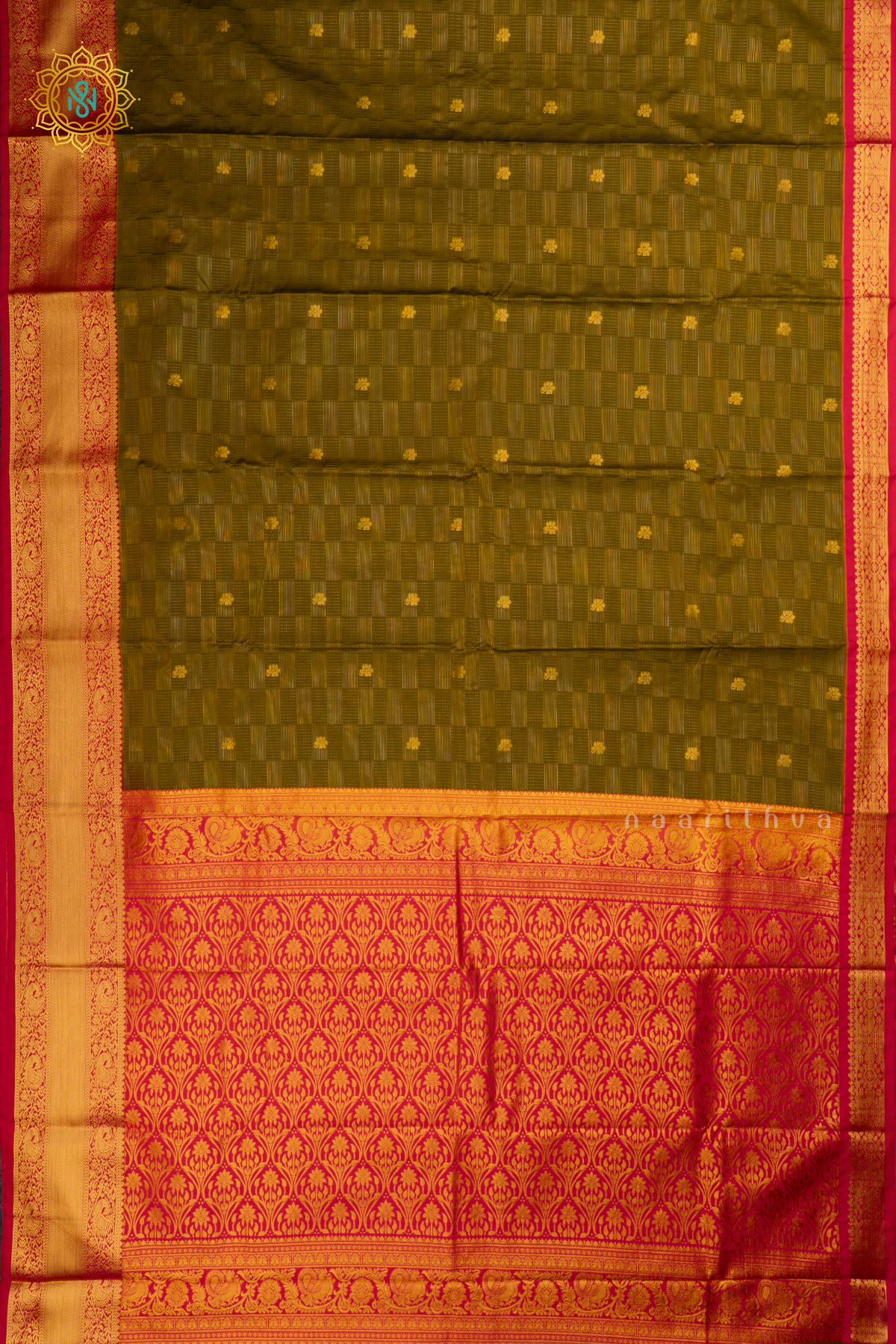 Olive Green with Rani Pink Semi Kanchi Saree With Zari Buttas All Over And Contrast Zari Border