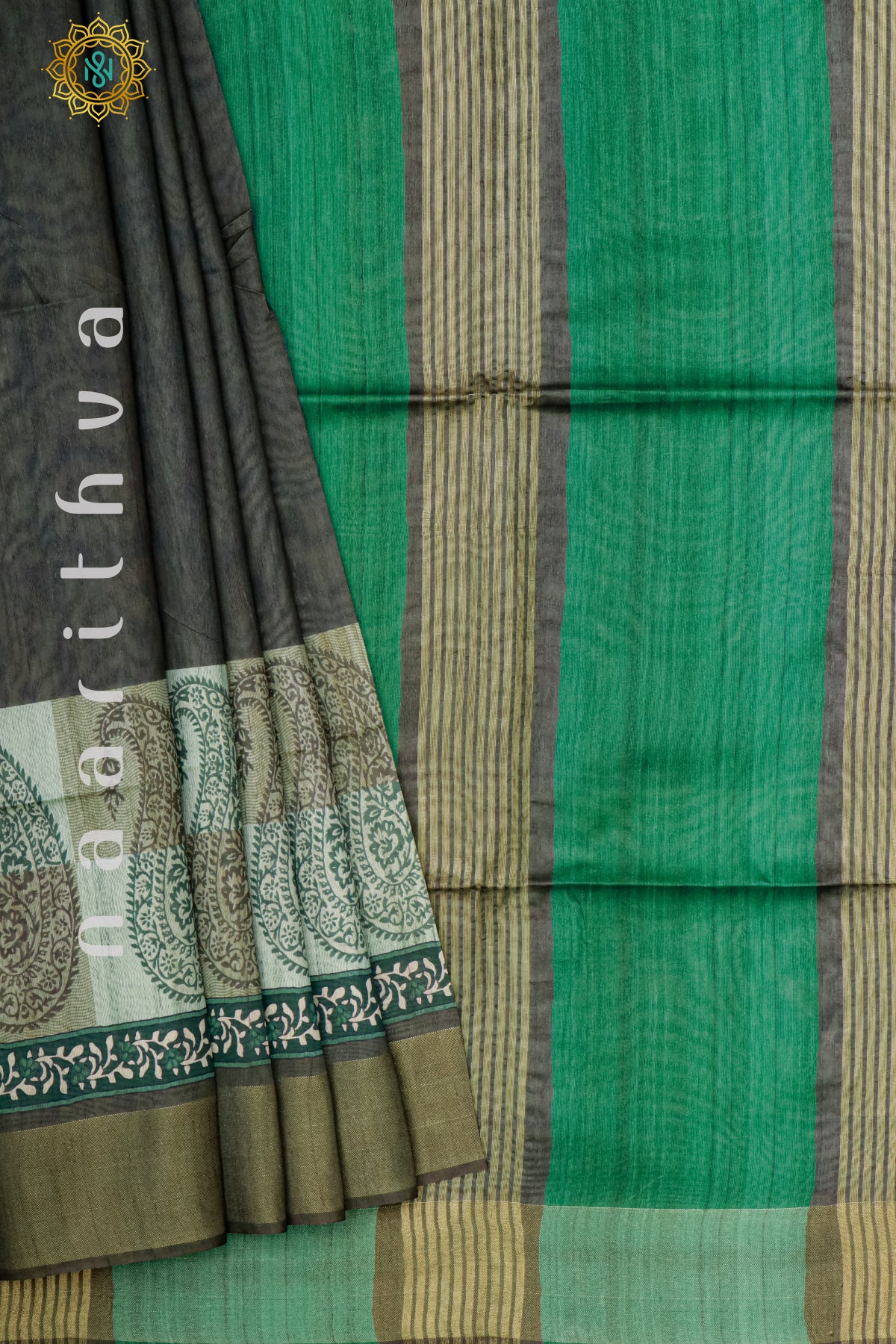 GREY WITH GREEN - SEMI TUSSAR SILK