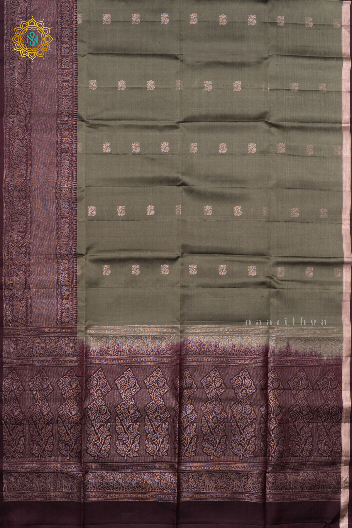 GREYISH GREEN WITH DEEP WINE - PURE KANJIVARAM SOFT SILK