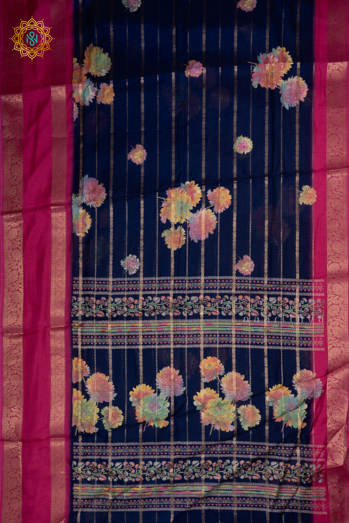 Navy Blue With Pink Dola Silk Saree Allover Printed Buttas And Zari Stripes With Contrast Zari Gap Border